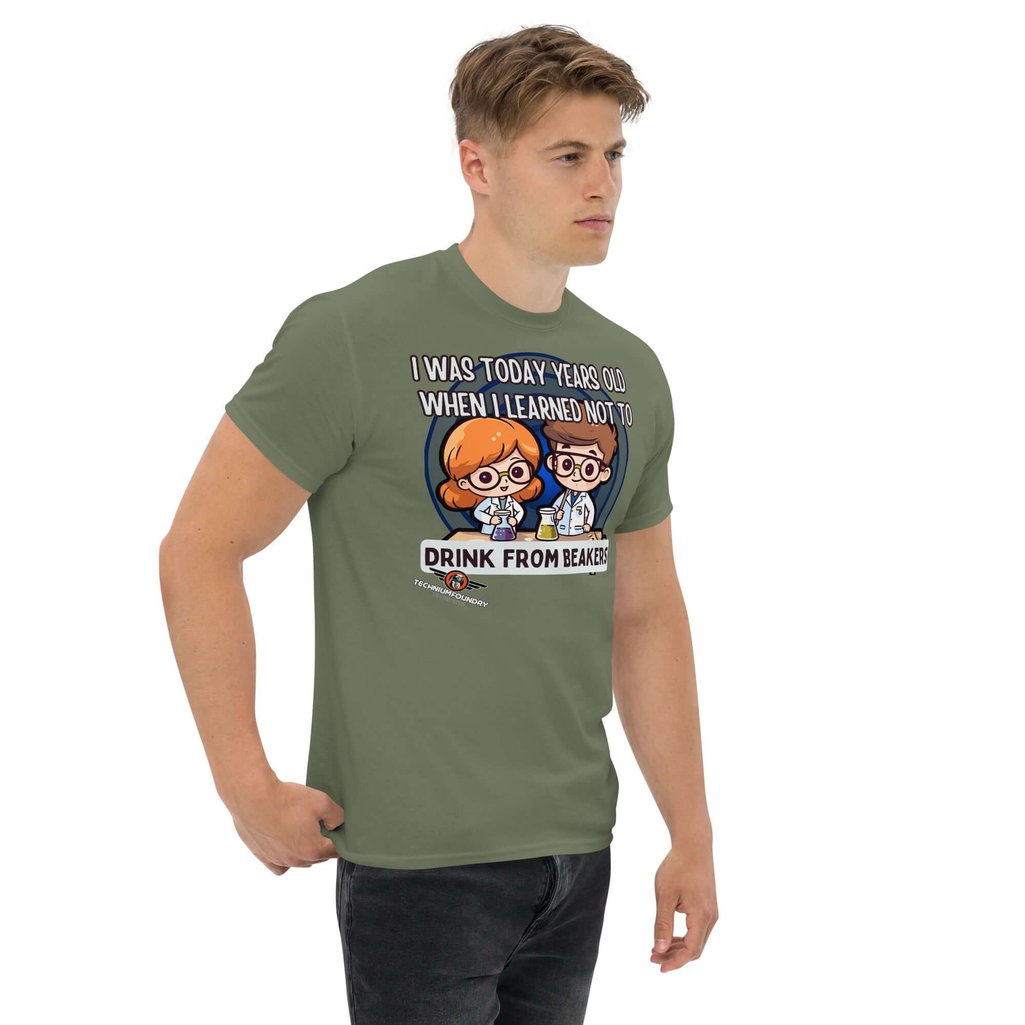 Man wearing "I Was Today Years Old" lab safety t-shirt with kawaii scientists and beaker warning, chemistry humor design.