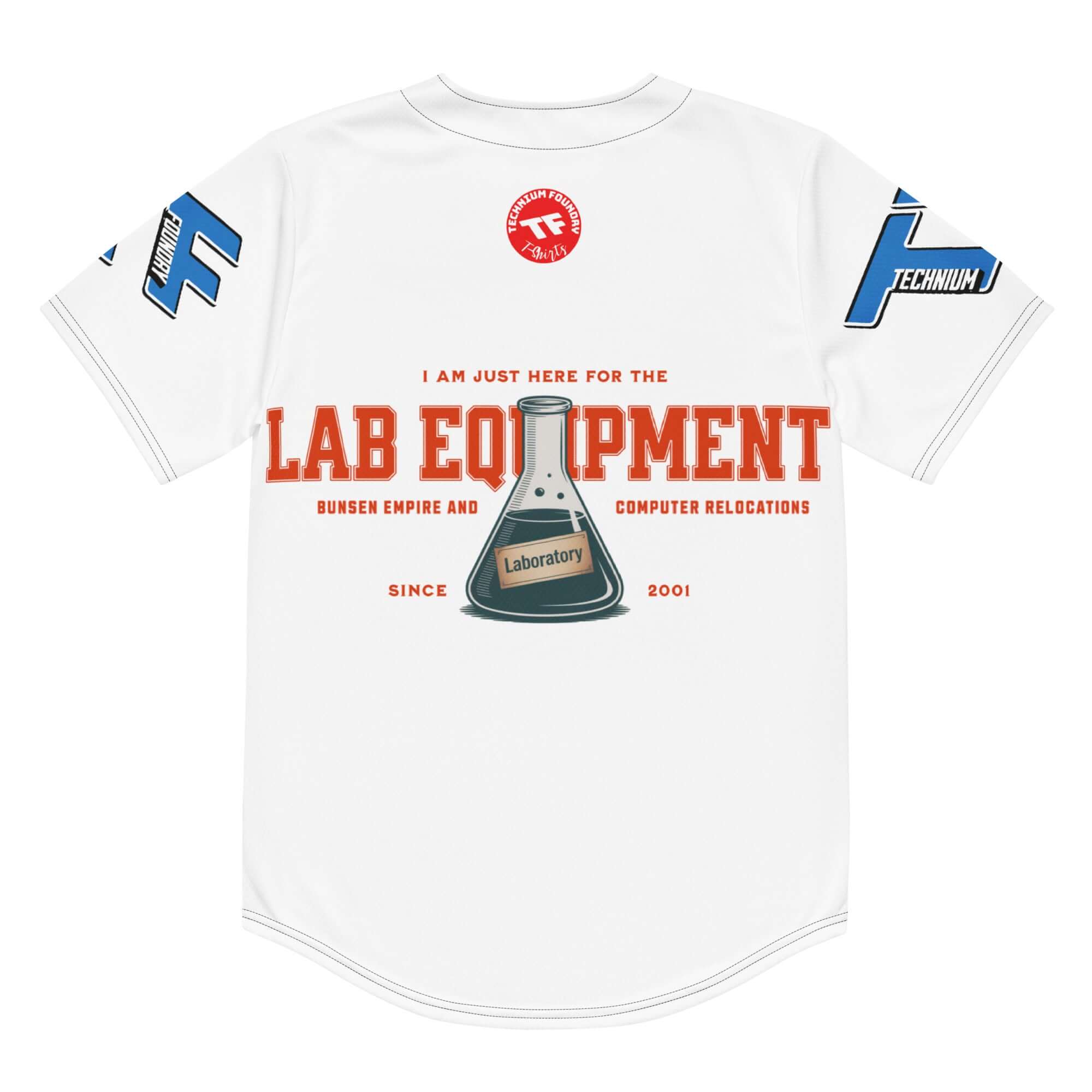 White lab equipment baseball jersey with "LAB EQUIPMENT" text and beaker graphic, promoting laboratory team spirit and science apparel.