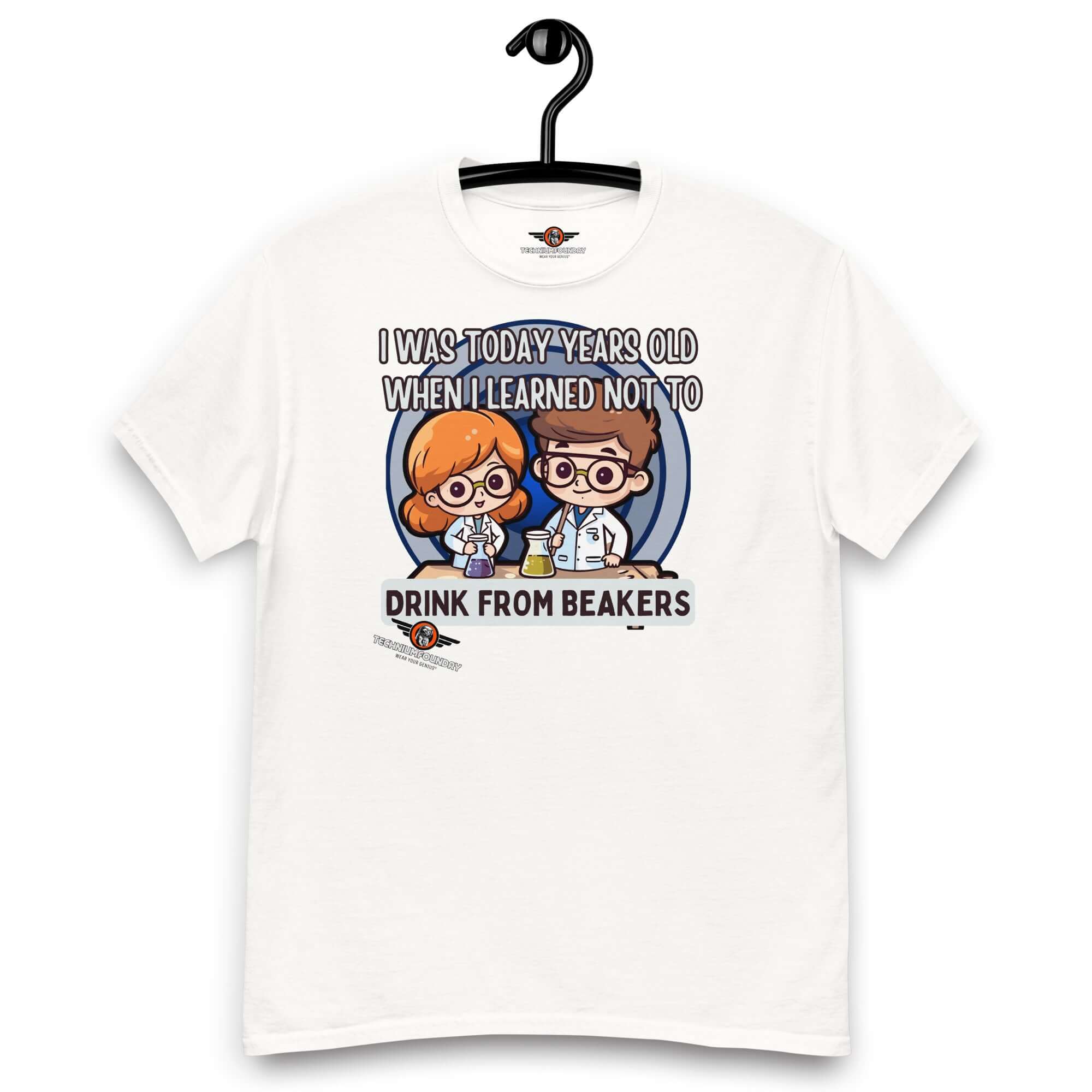 "I Was Today Years Old" lab safety t-shirt with kawaii scientists and beaker warning, chemistry humor apparel.