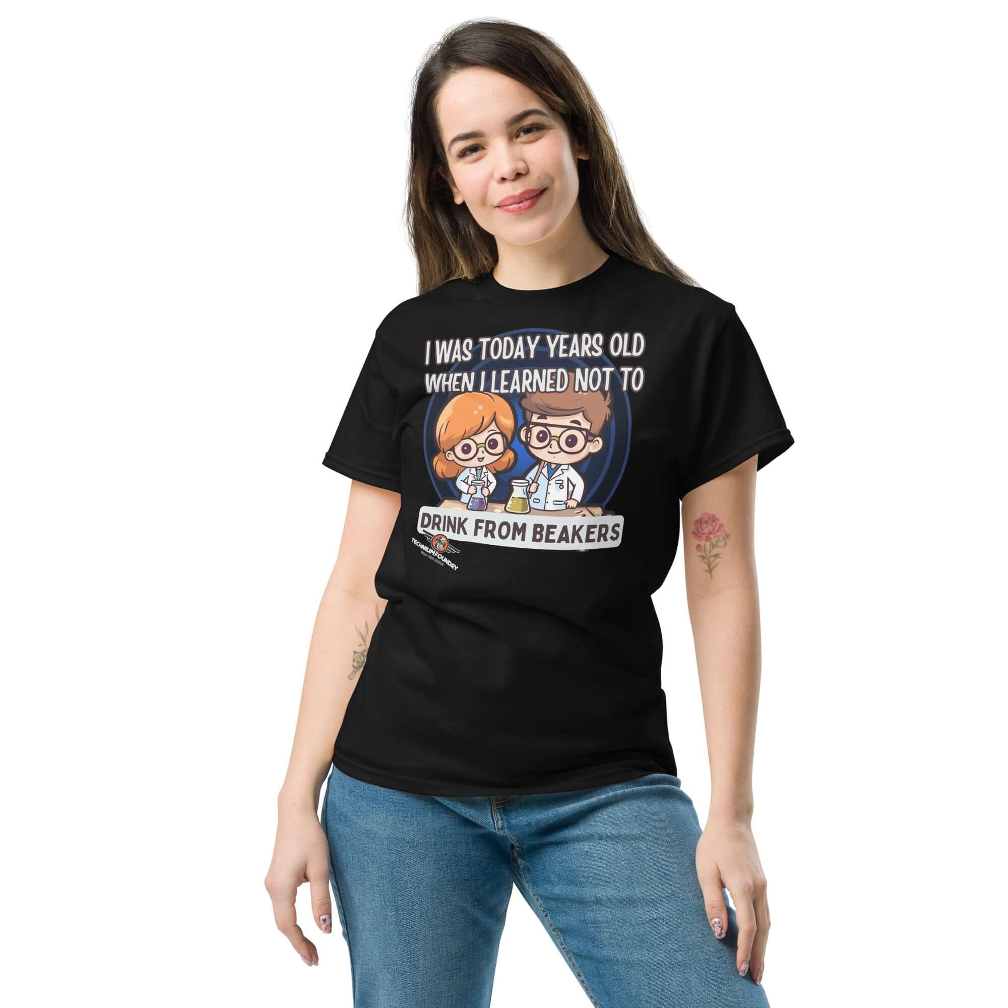 "Don't Drink from Beakers" t-shirt with kawaii scientists, lab safety humor design on woman, chemistry warning message.