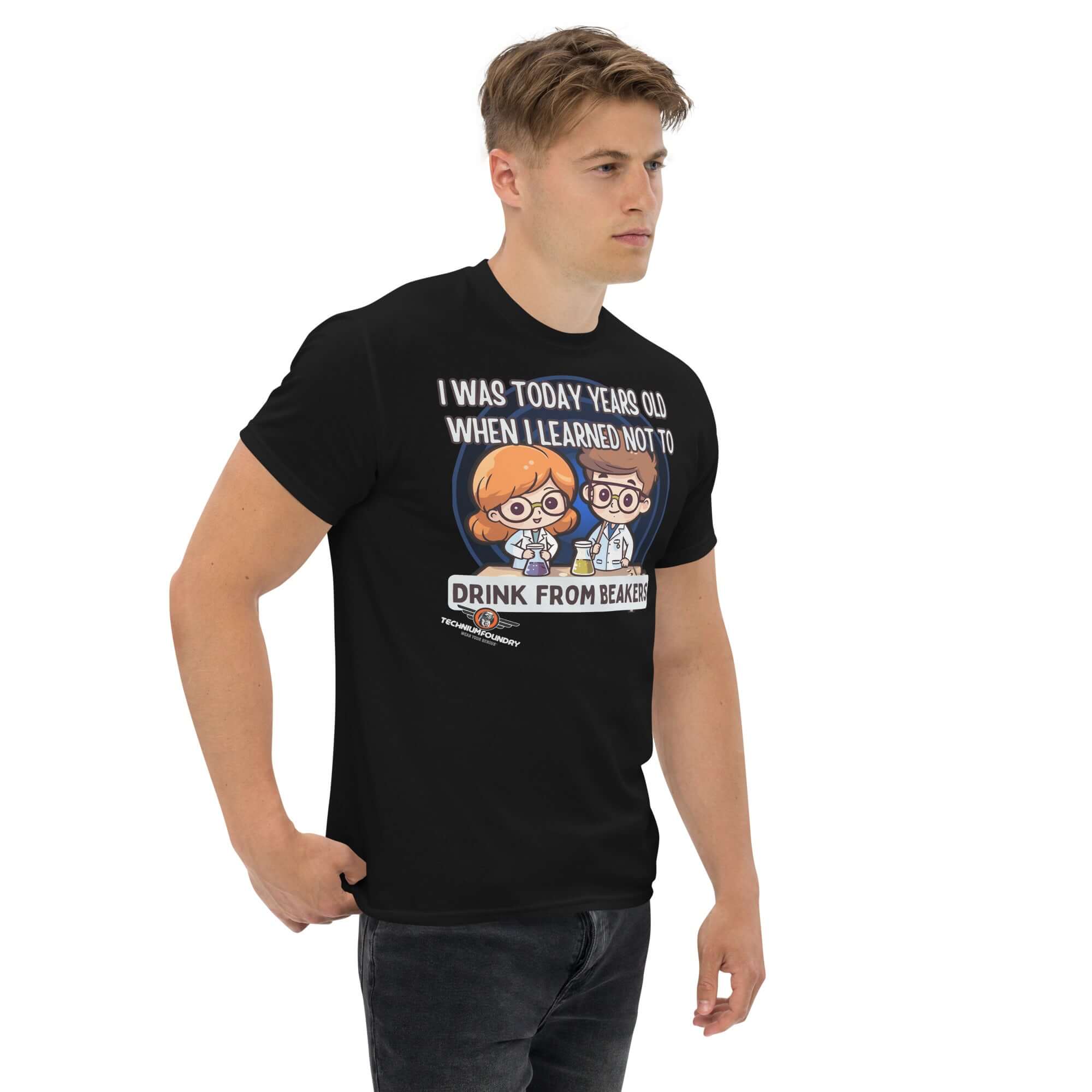 "I Was Today Years Old" chemistry humor t-shirt with kawaii scientists and beaker warning design.