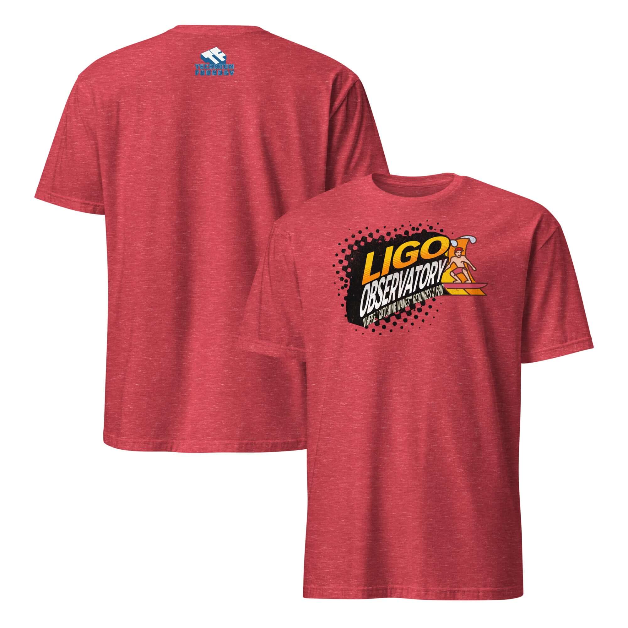 Red "LIGO Observatory" T-shirt featuring a playful science-themed graphic on the front, perfect for physics enthusiasts.