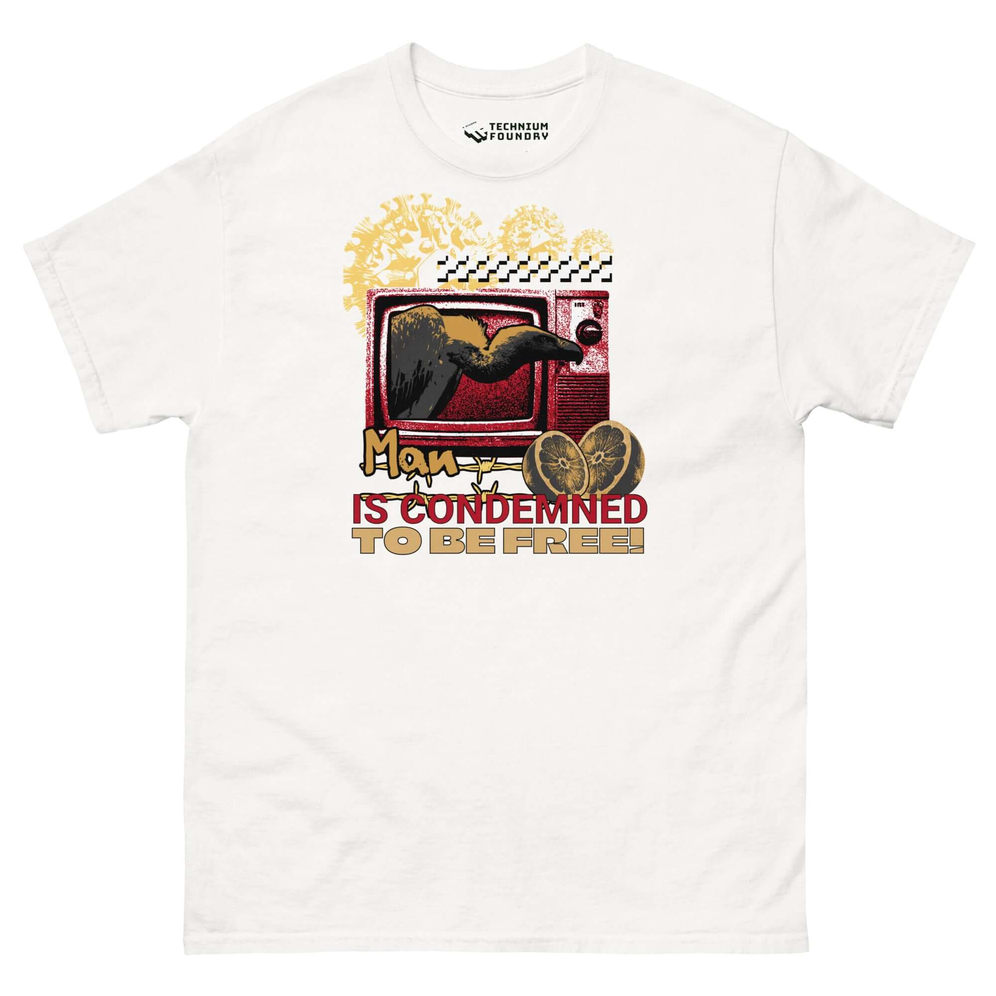 "Vintage TV Style T-Shirt with Crow and Sartre Quote by Technium Foundry"