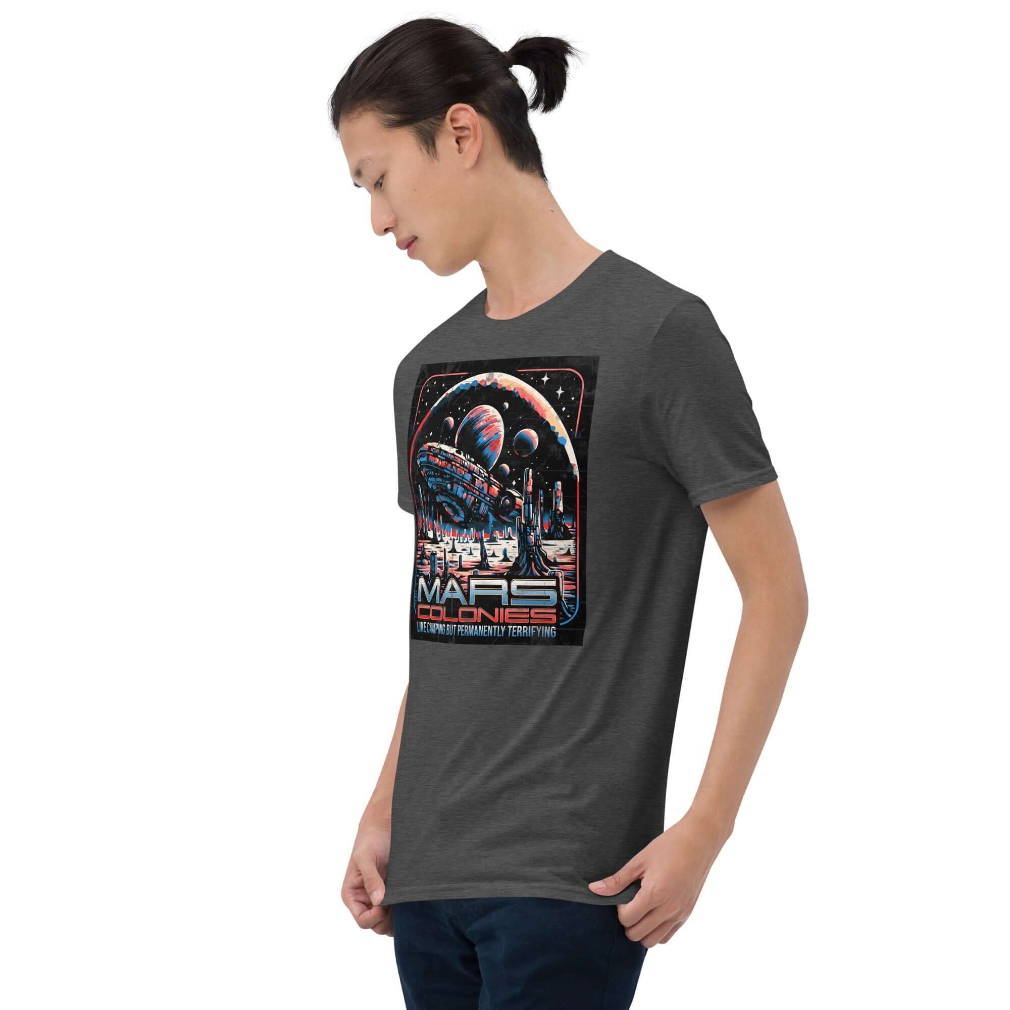 "Mars Colonies" T-Shirt featuring a retro-futuristic space colony design, ideal for sci-fi enthusiasts.