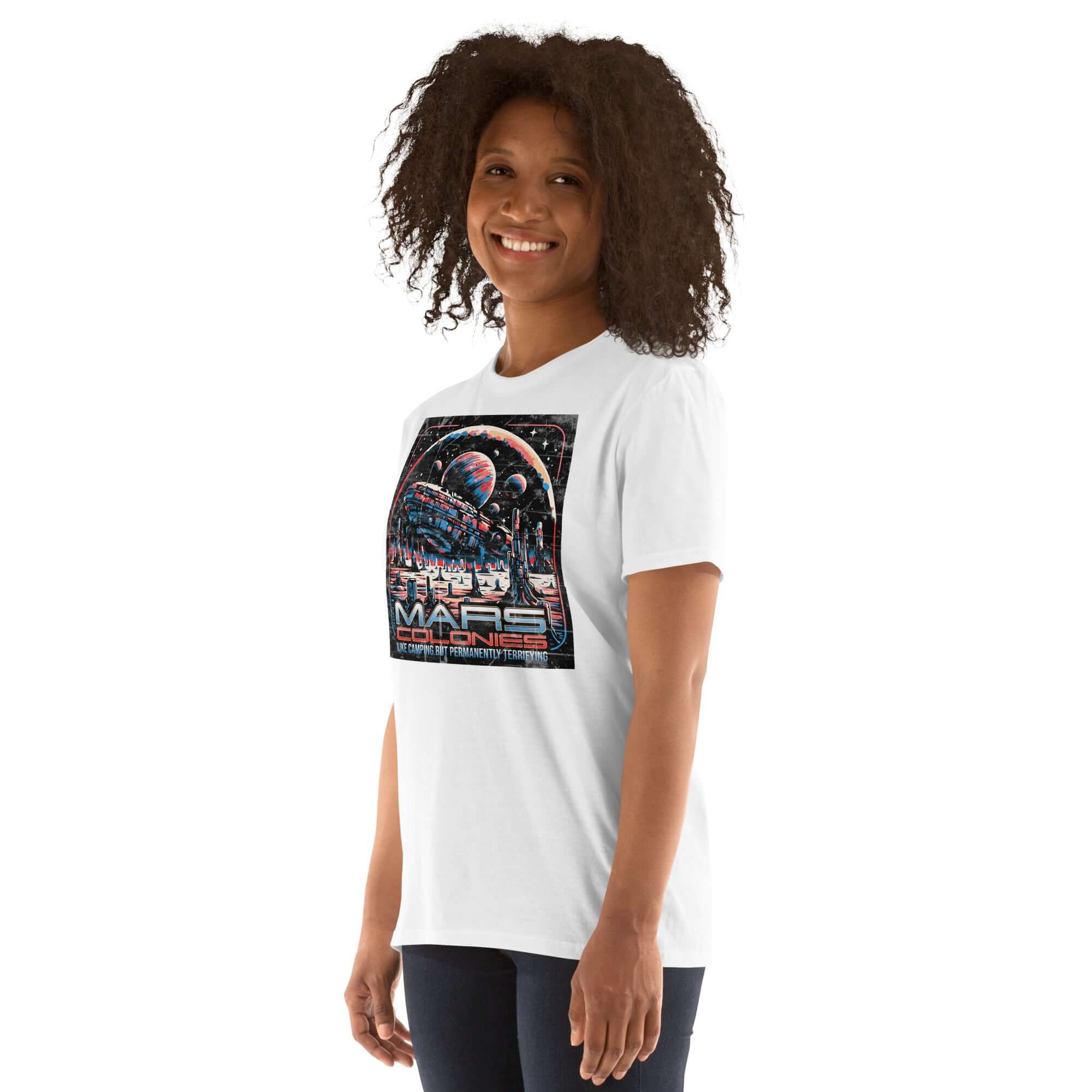 Mars Colonies T-Shirt worn by model, featuring a retro-futuristic design of a hovering colony ship, perfect for space adventure enthusiasts.