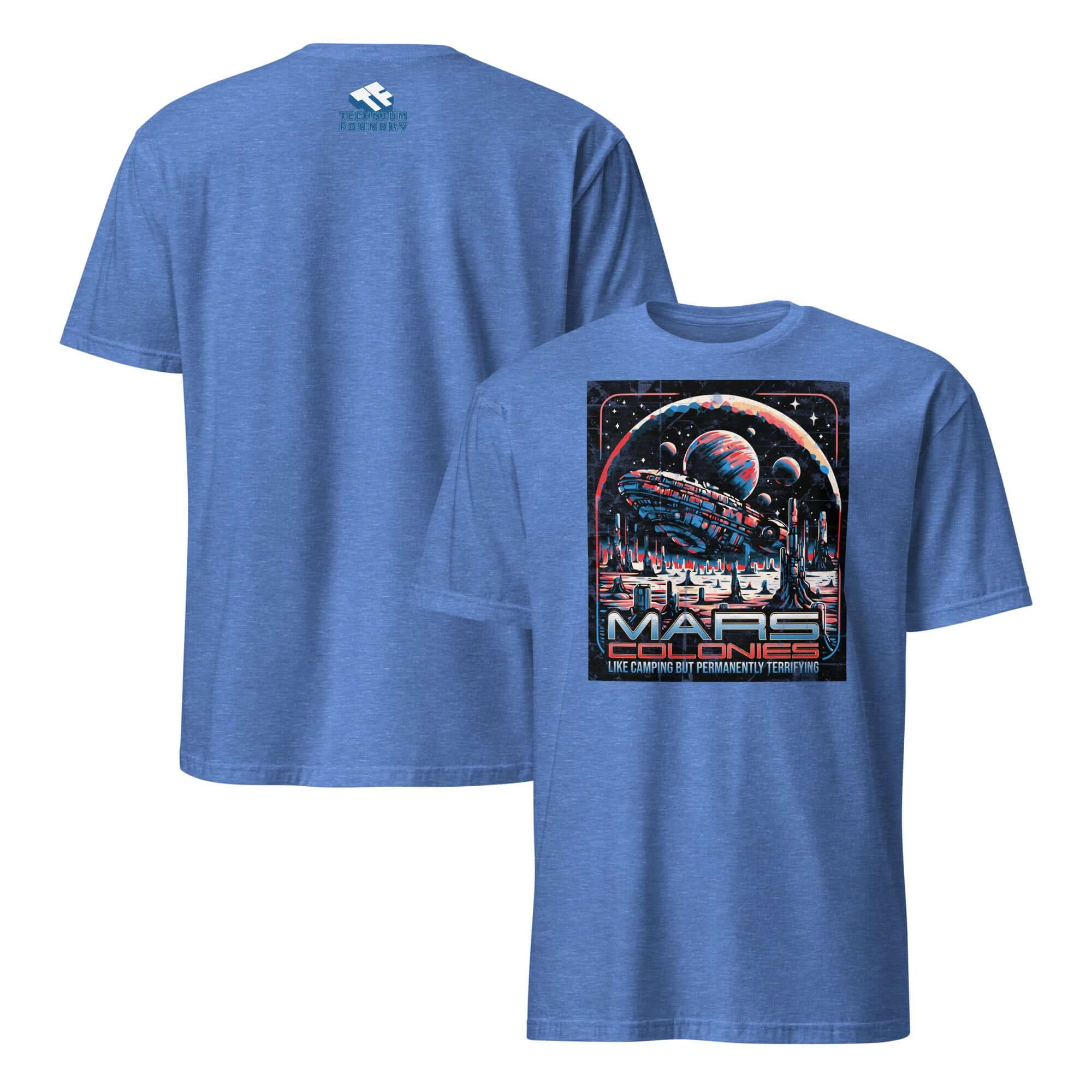 Mars Colonies T-Shirt in blue featuring a retro-futuristic design with a hovering colony ship, perfect for space adventure enthusiasts.