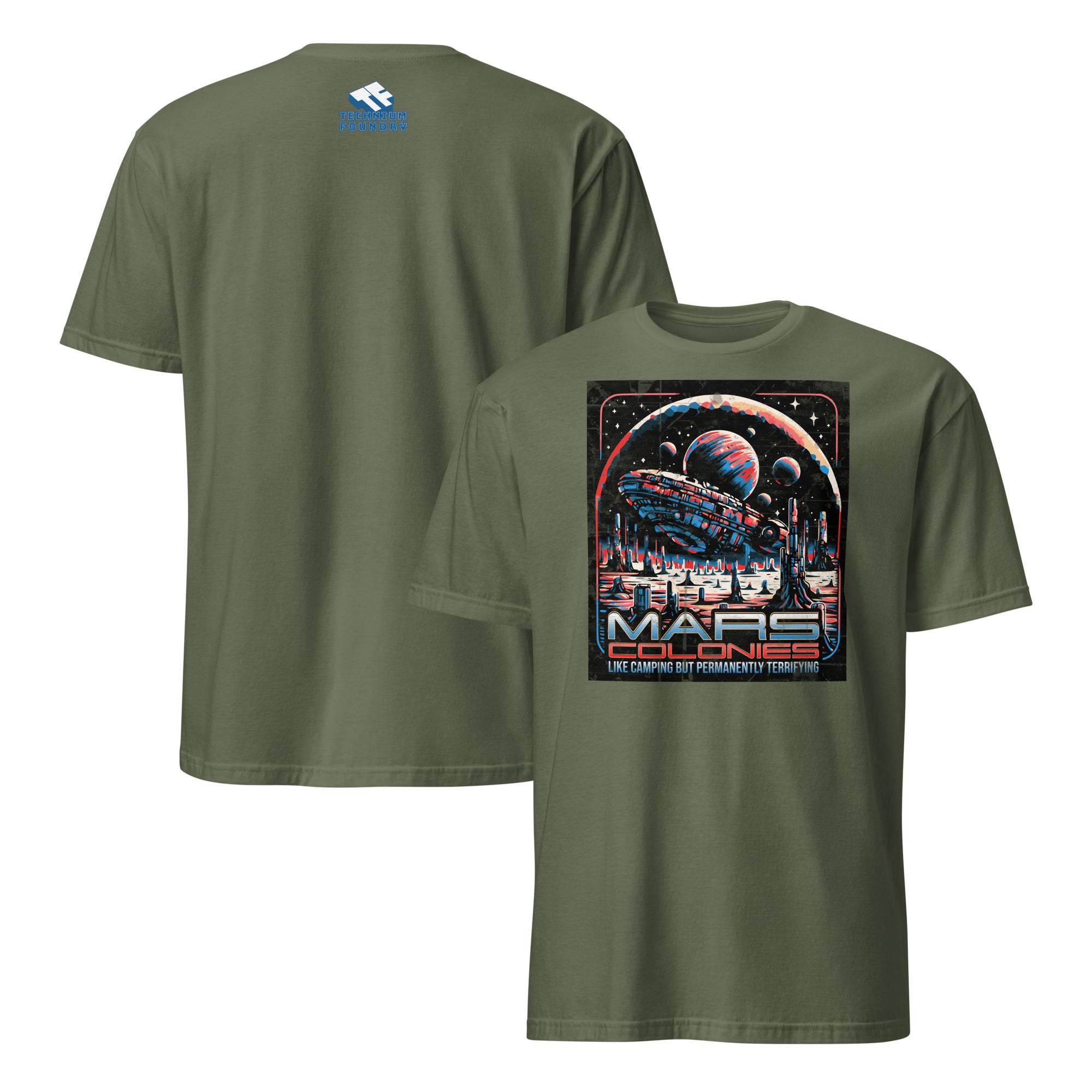 Mars Colonies T-Shirt with retro-futuristic design, featuring a hovering colony ship, perfect for adventurous spirit on Mars.