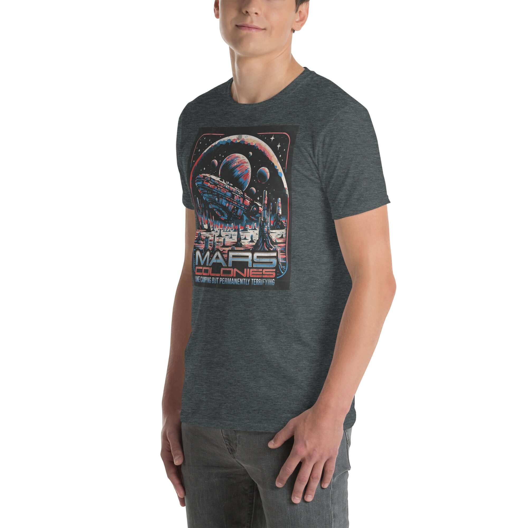Mars Colonies T-Shirt featuring a retro-futuristic space colony design, adorned by a man, capturing the adventurous spirit of Mars exploration.