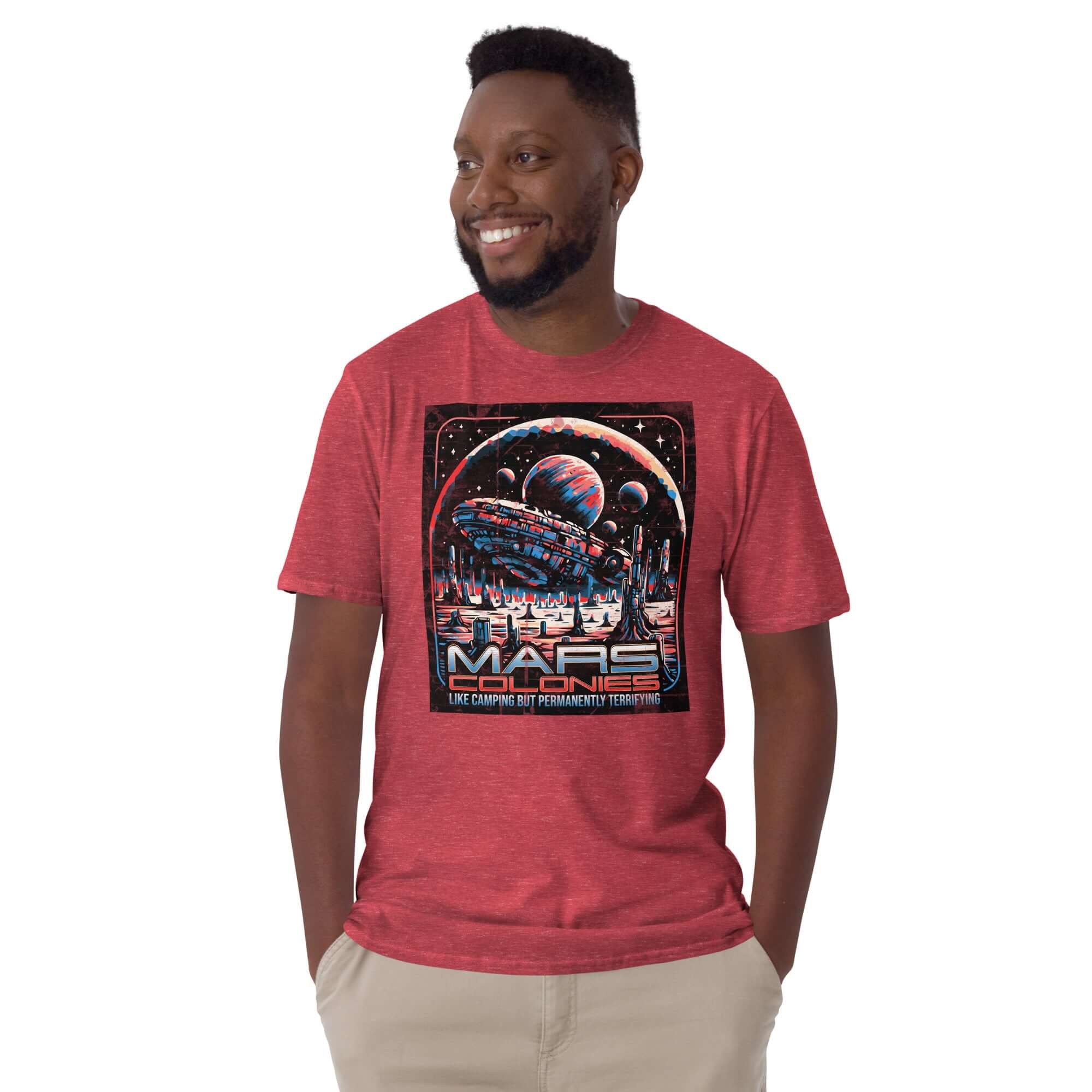 Person wearing Mars Colonies T-Shirt with a futuristic space colony design.