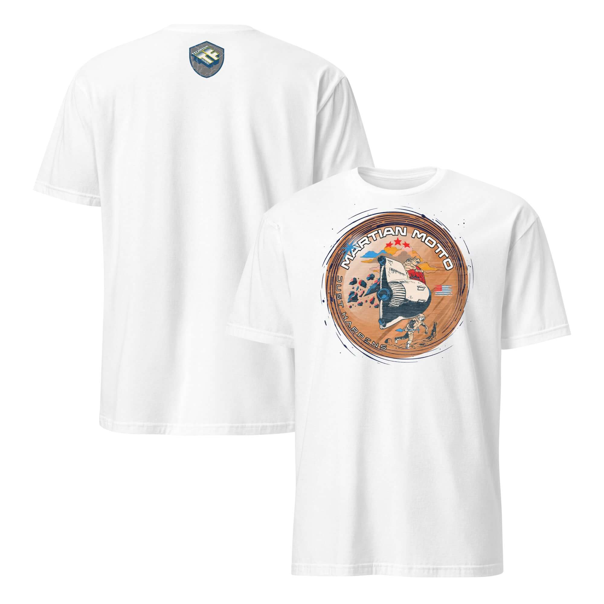 "Martian Motto" t-shirt with vintage Mars mission patch, featuring astronaut, landing module, and red planet landscape, front and back view.