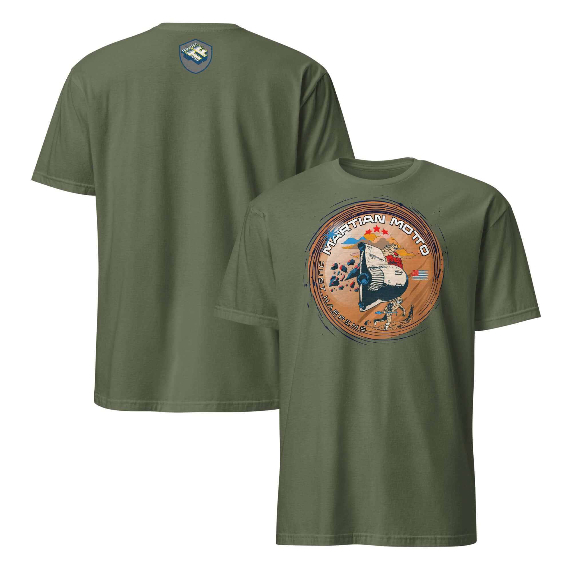 Martian Motto T-Shirt featuring vintage Mars mission patch, astronaut, and landscape for space exploration enthusiasts.