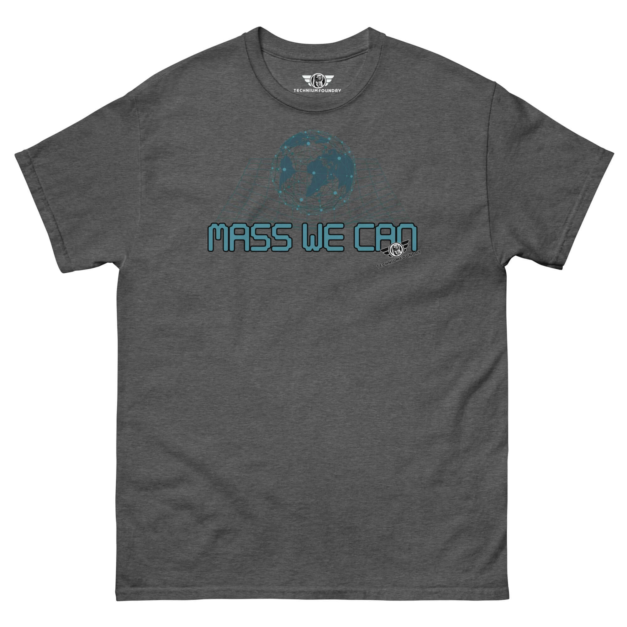 Dark gray t-shirt with 'Mass We Can' slogan, geometric space-time curvature design; humorously embracing gravitational relativity.
