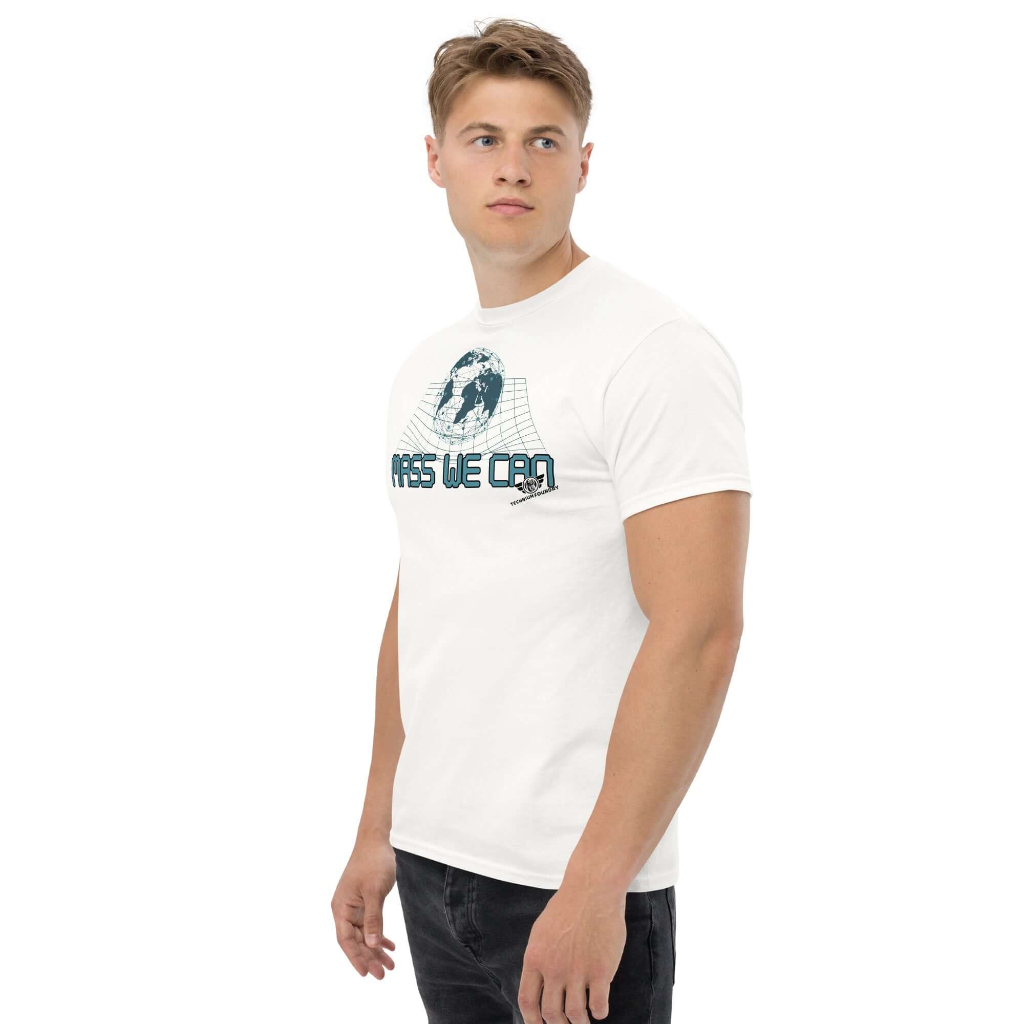 Mass We Can T-Shirt featuring space-time curvature design and gravitational relativity humor, worn by model, showcasing Einstein's theory.