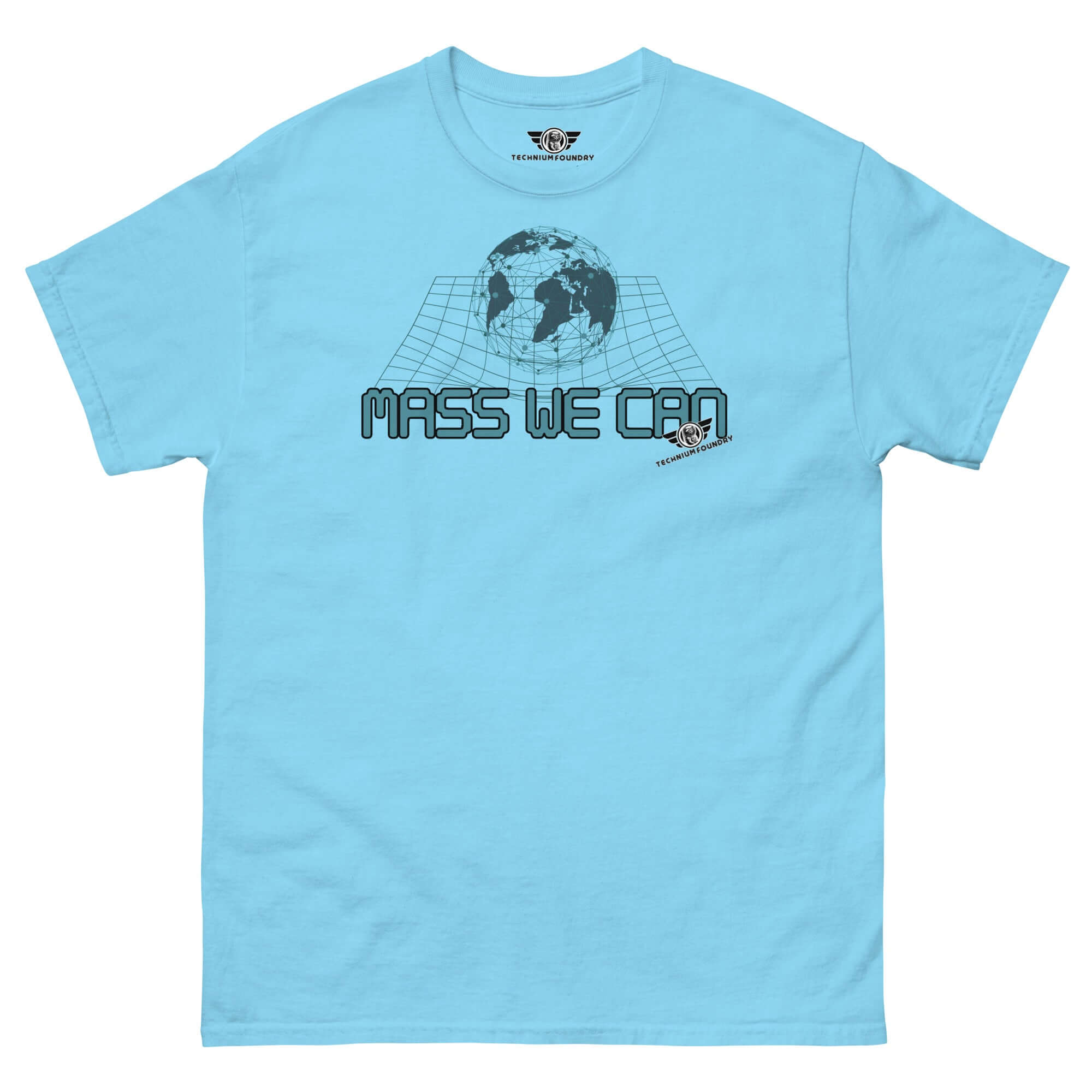 Mass We Can t-shirt with space-time curvature design, inspired by Einstein's general relativity, on a light blue fabric.