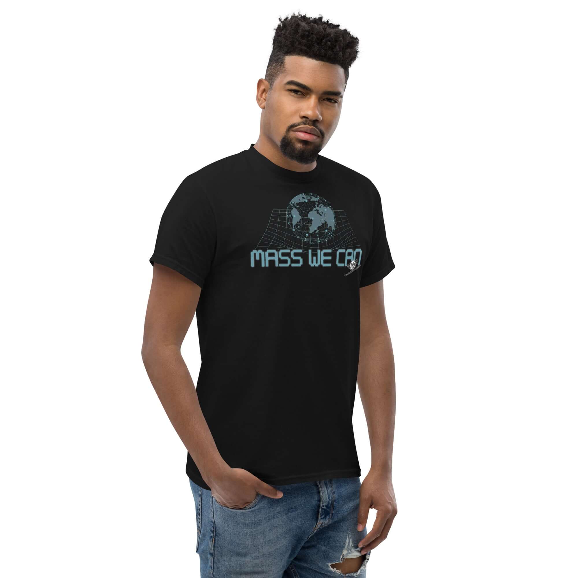 "Mass We Can" Space-Time Curvature Physics T-Shirt with Gravitational Relativity Humor Design in black.