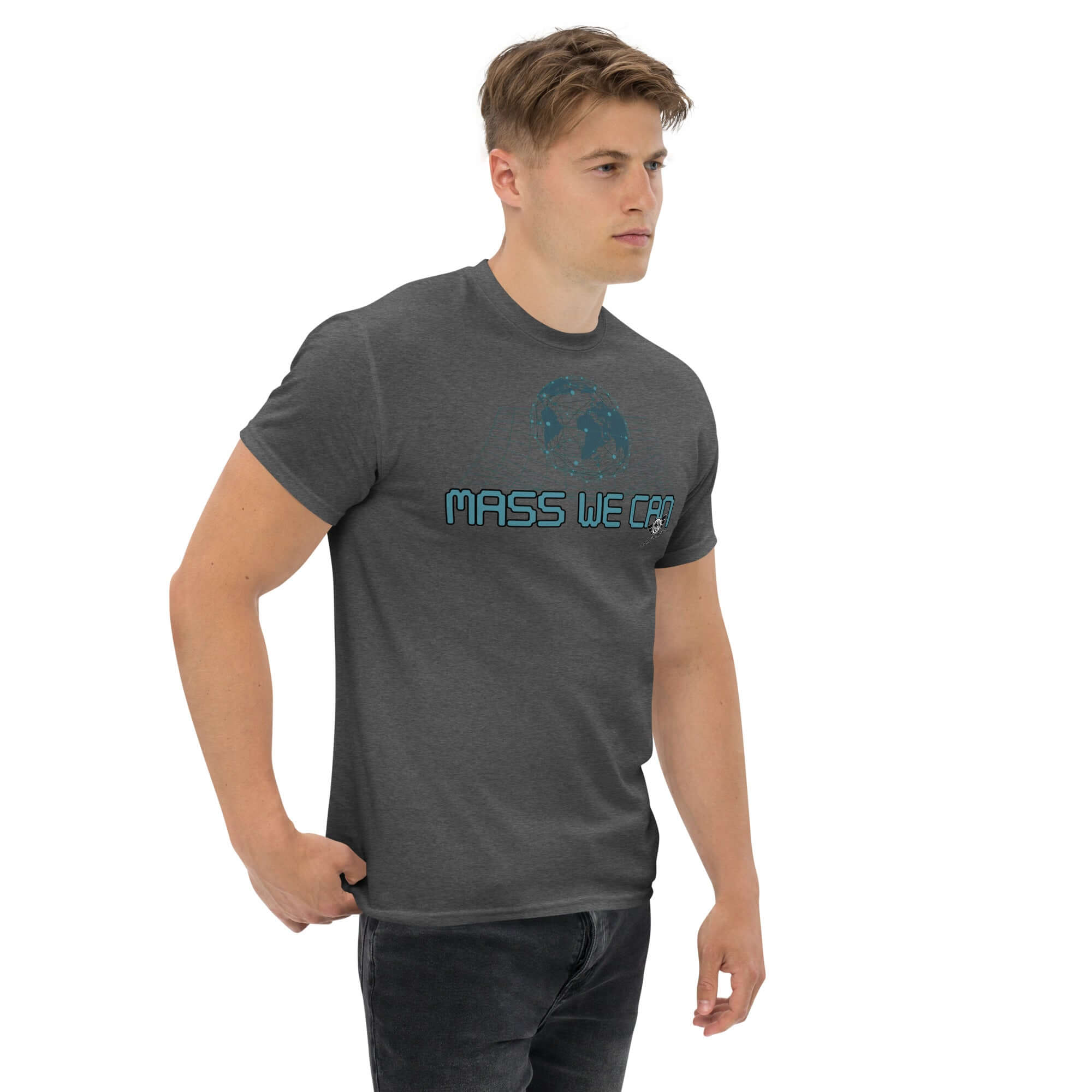 Man wearing 'Mass We Can' physics humor t-shirt, featuring space-time curvature design, embodying Einstein's general relativity concept.