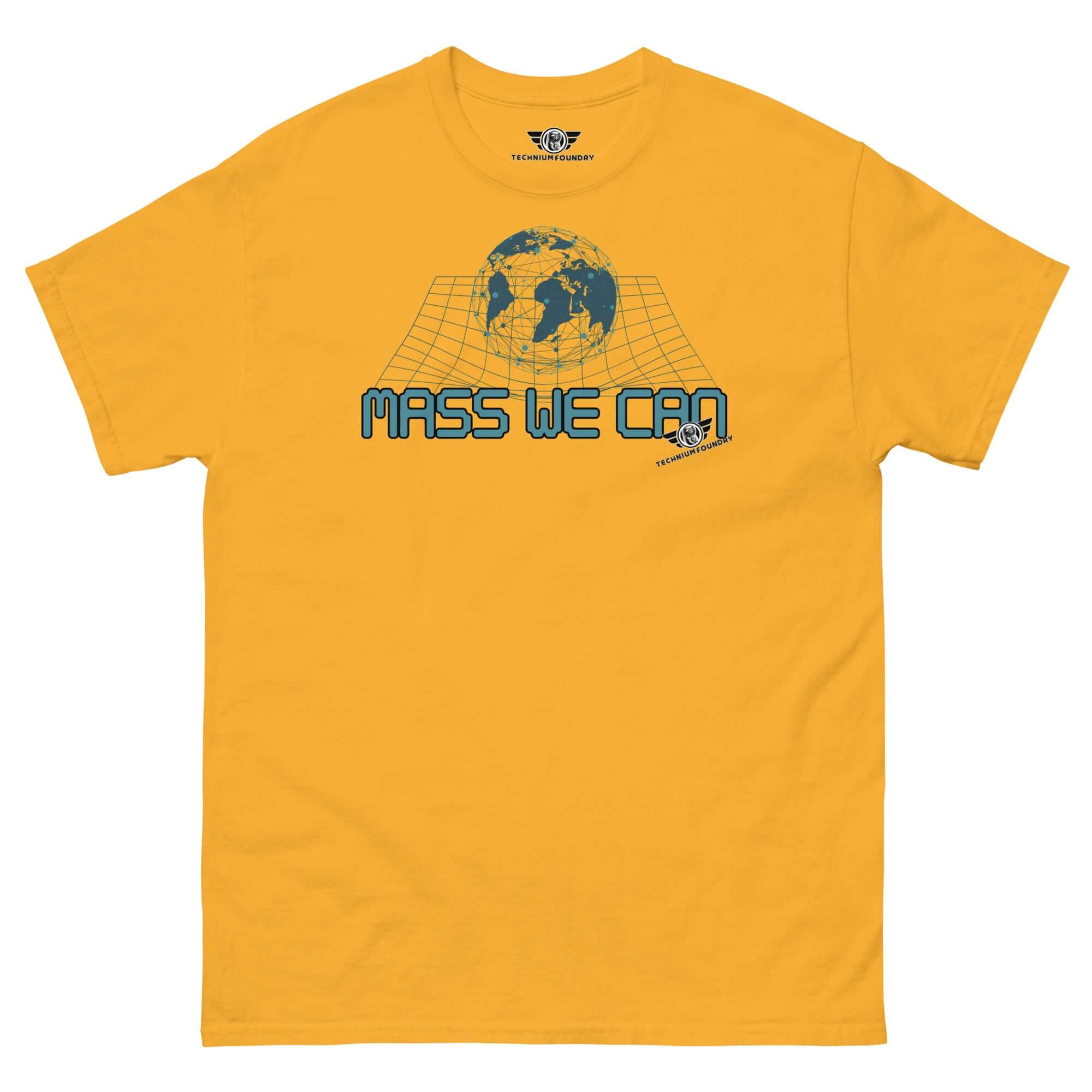 Alt Tag: Mass We Can t-shirt with space-time curvature design and gravitational humor slogan.