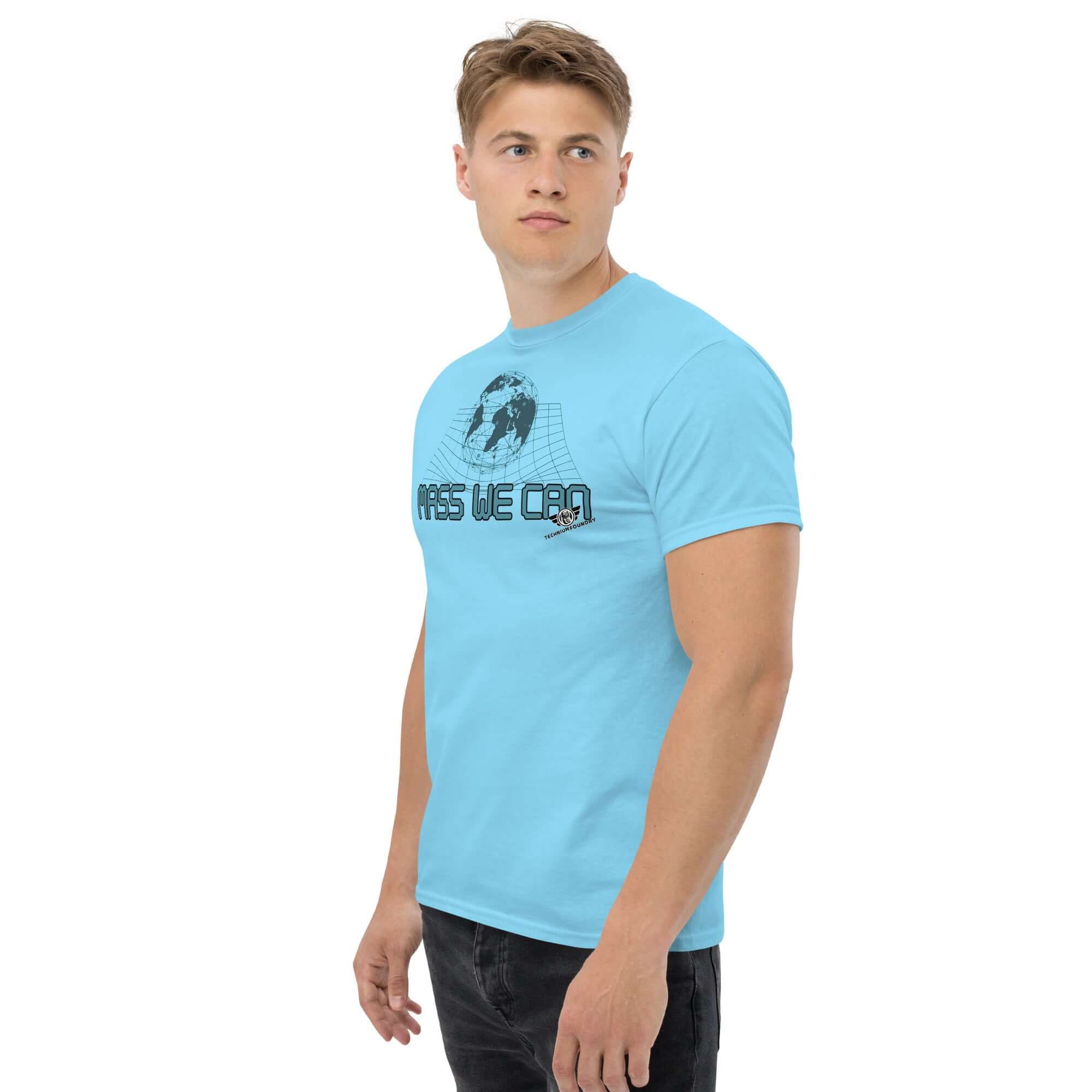 Man wearing "Mass We Can" space-time curvature physics t-shirt, featuring Einstein's gravitational relativity humor design in light blue.