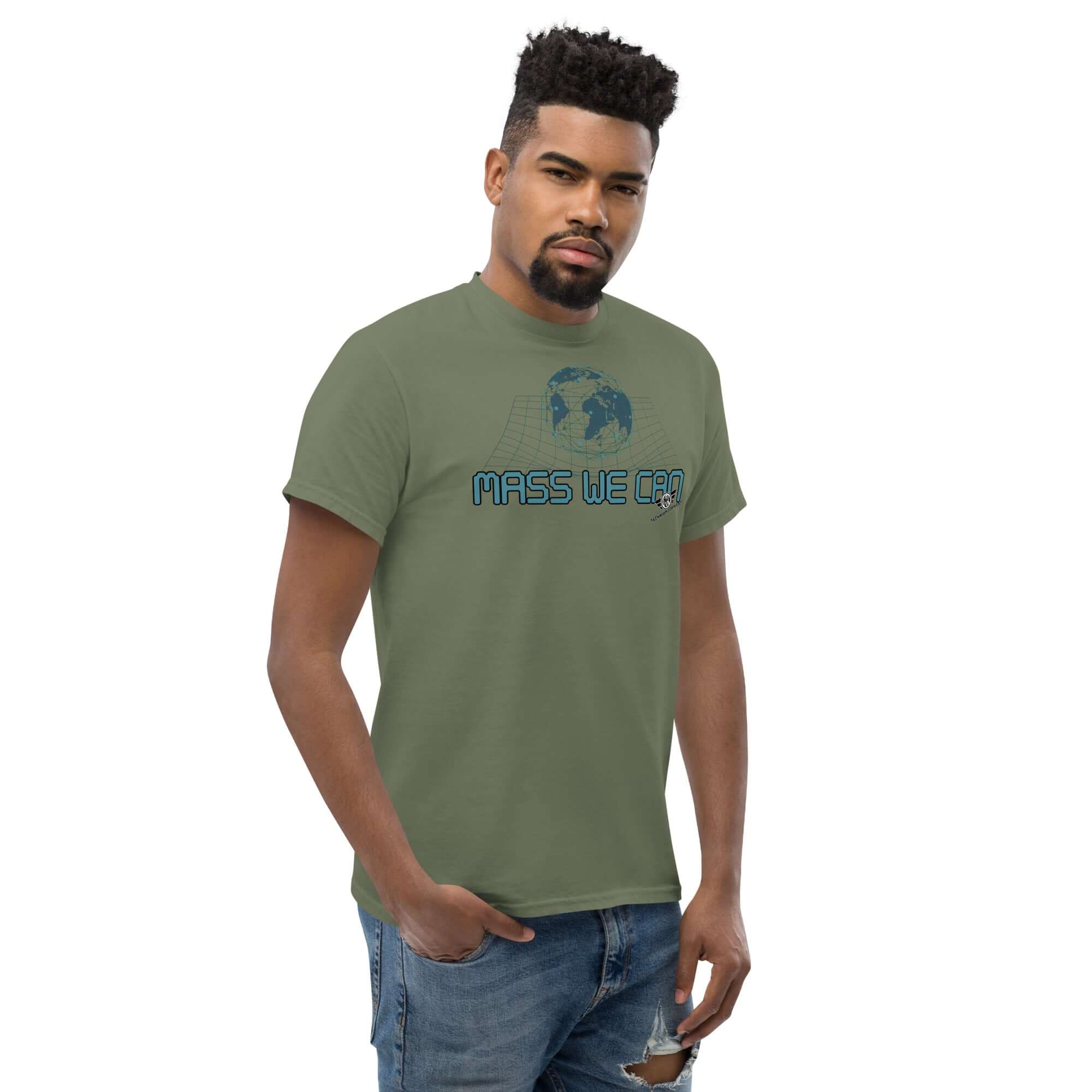 Man wearing "Mass We Can" physics t-shirt with space-time curvature design, inspired by Einstein's theory of relativity.