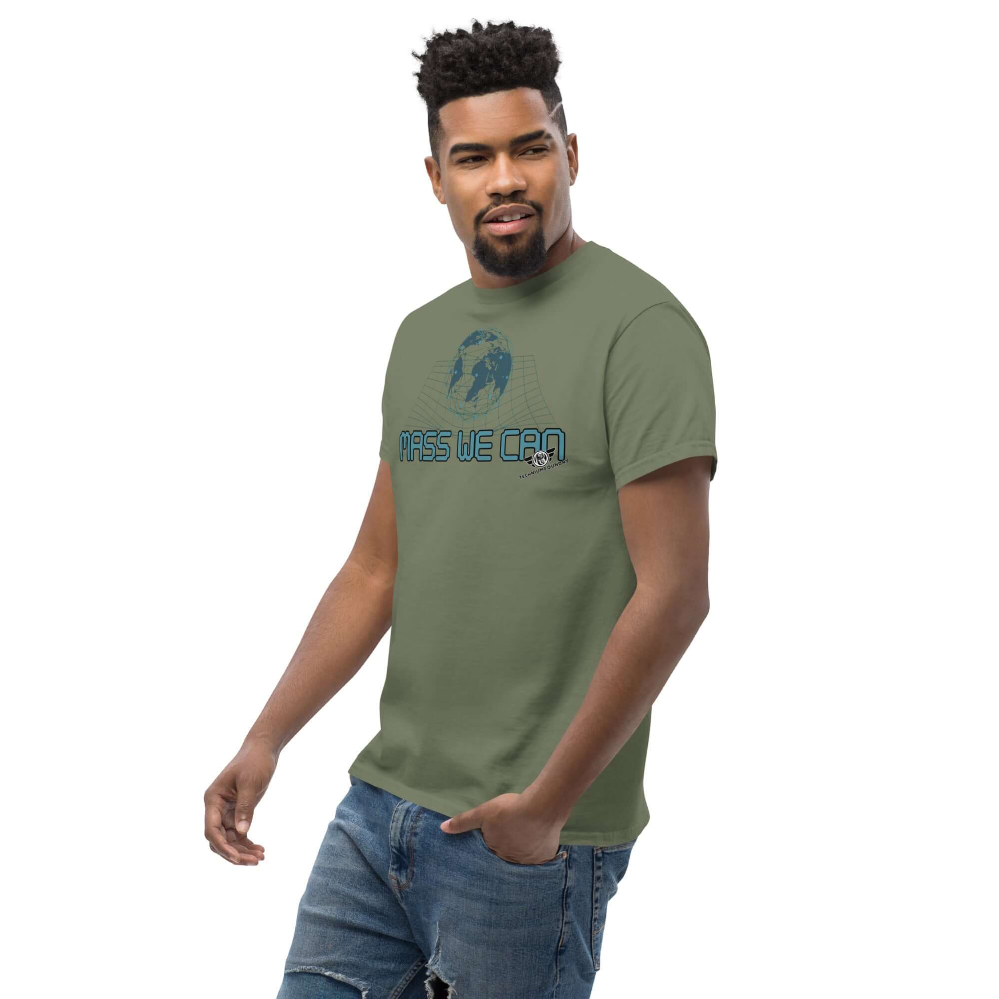 Mass We Can t-shirt with space-time curvature; model wearing humorous gravitational relativity design, perfect for physics enthusiasts.