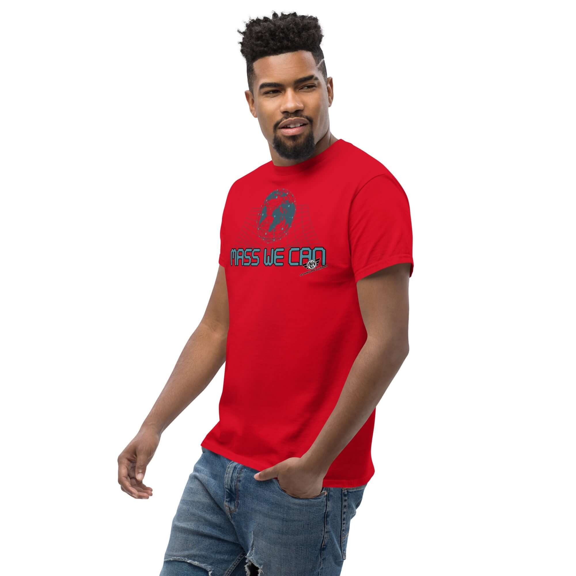 Red "Mass We Can" t-shirt featuring space-time curvature design, inspired by Einstein's general relativity, with a humorous twist.