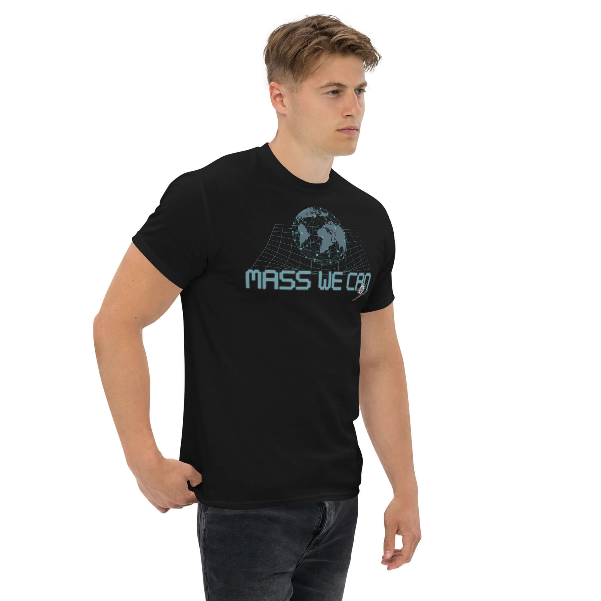 Mass We Can space-time curvature t-shirt featuring Einstein's theory of general relativity humor, worn by model.