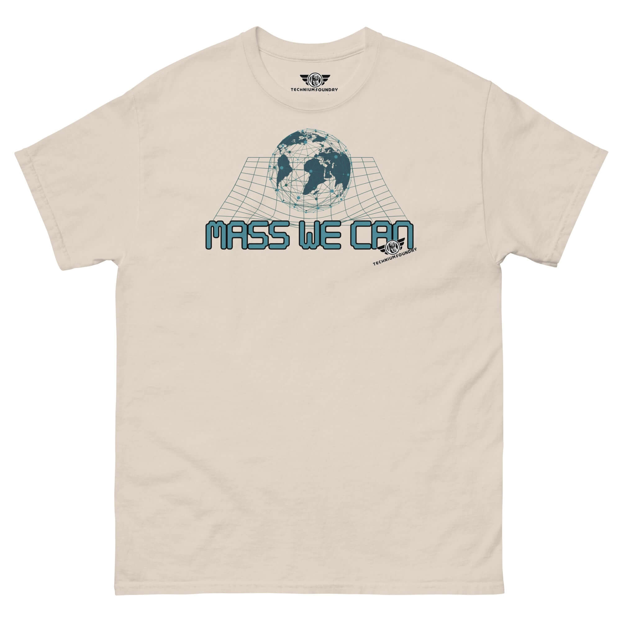 Mass We Can T-shirt featuring spacetime curvature design, humorously highlighting gravitational relativity with Einstein's theory.