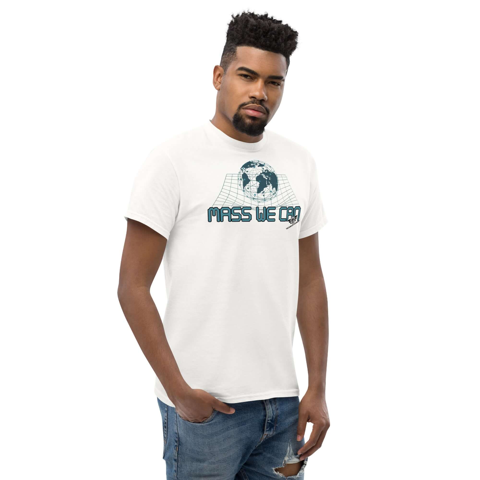 Person wearing 'Mass We Can' space-time curvature physics t-shirt, humorous take on gravitational relativity, featuring Earth design.