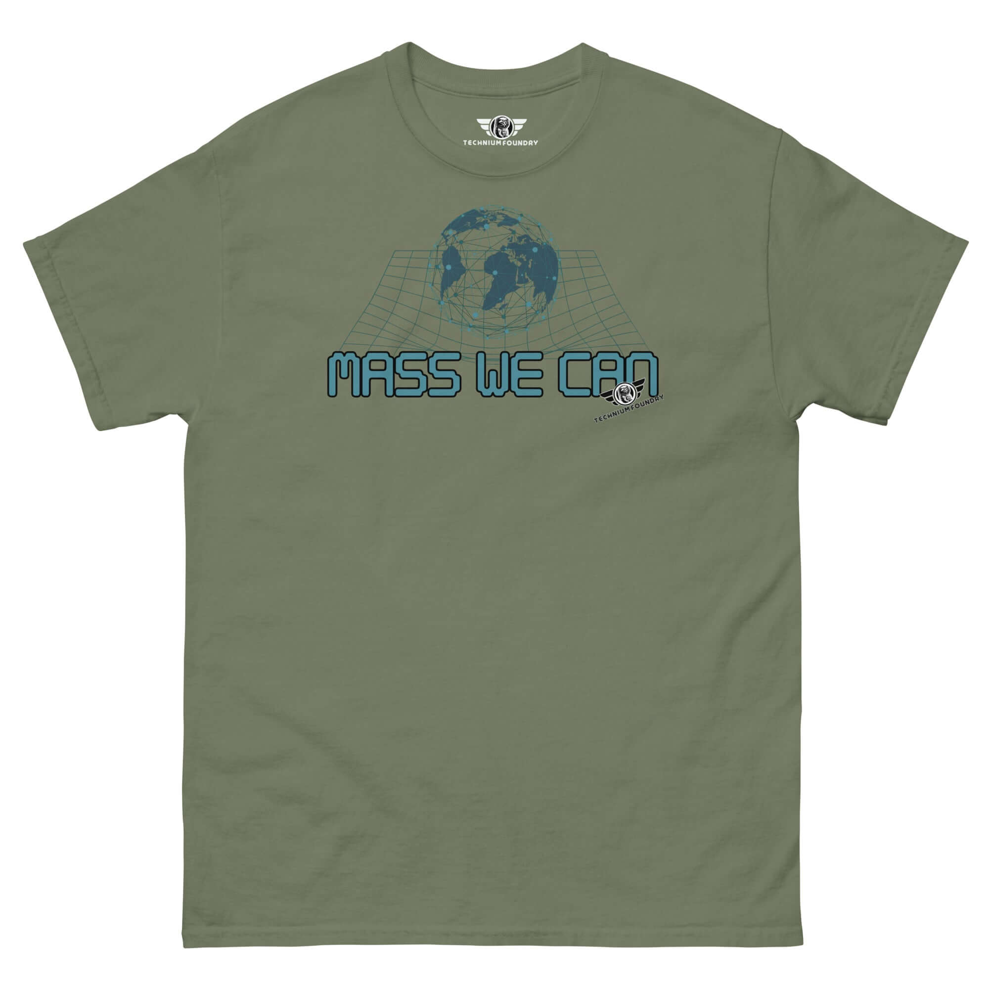 Mass We Can t-shirt featuring space-time curvature and gravitational relativity humor, sleek Einstein design in geometric style.