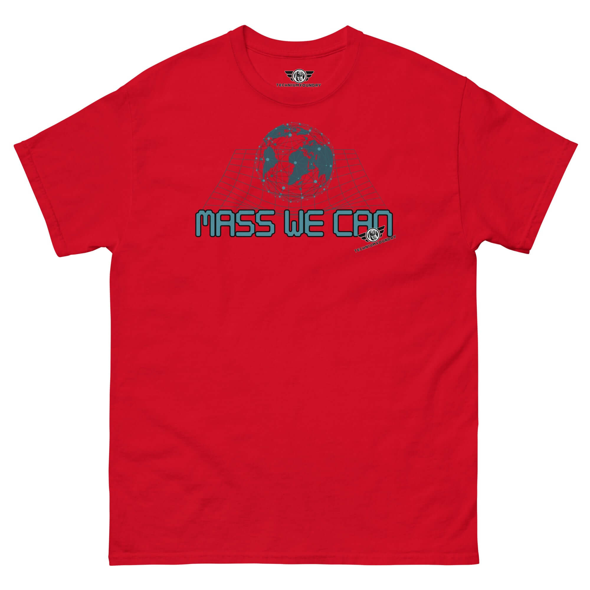 Red "Mass We Can" t-shirt featuring space-time curvature and gravitational relativity humor design.