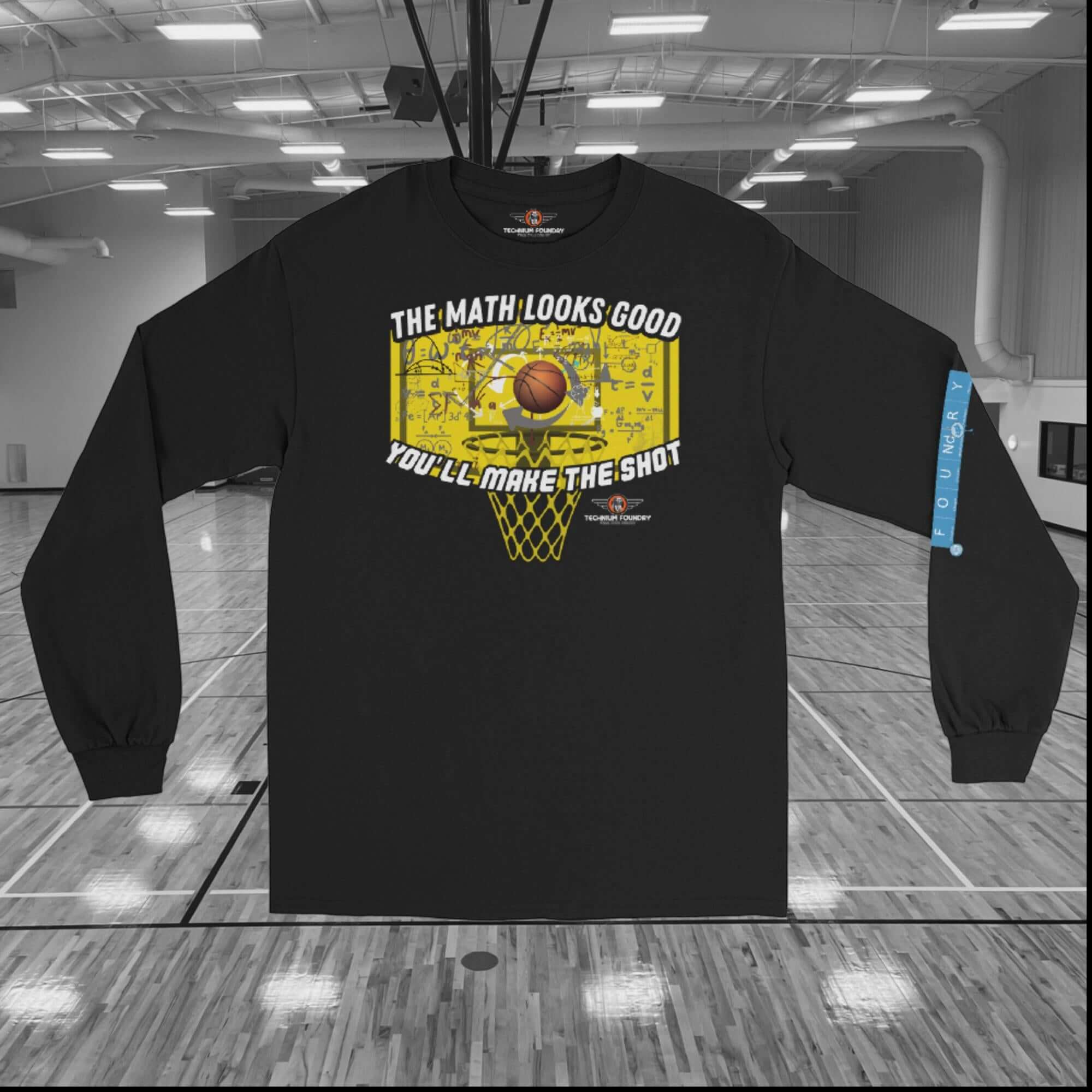The Math Looks Good Basketball Physics Men’s Long Sleeve Shirt | Humor Color: Black Long-sleeve Size: S Apparel & Accessories Technium Foundry