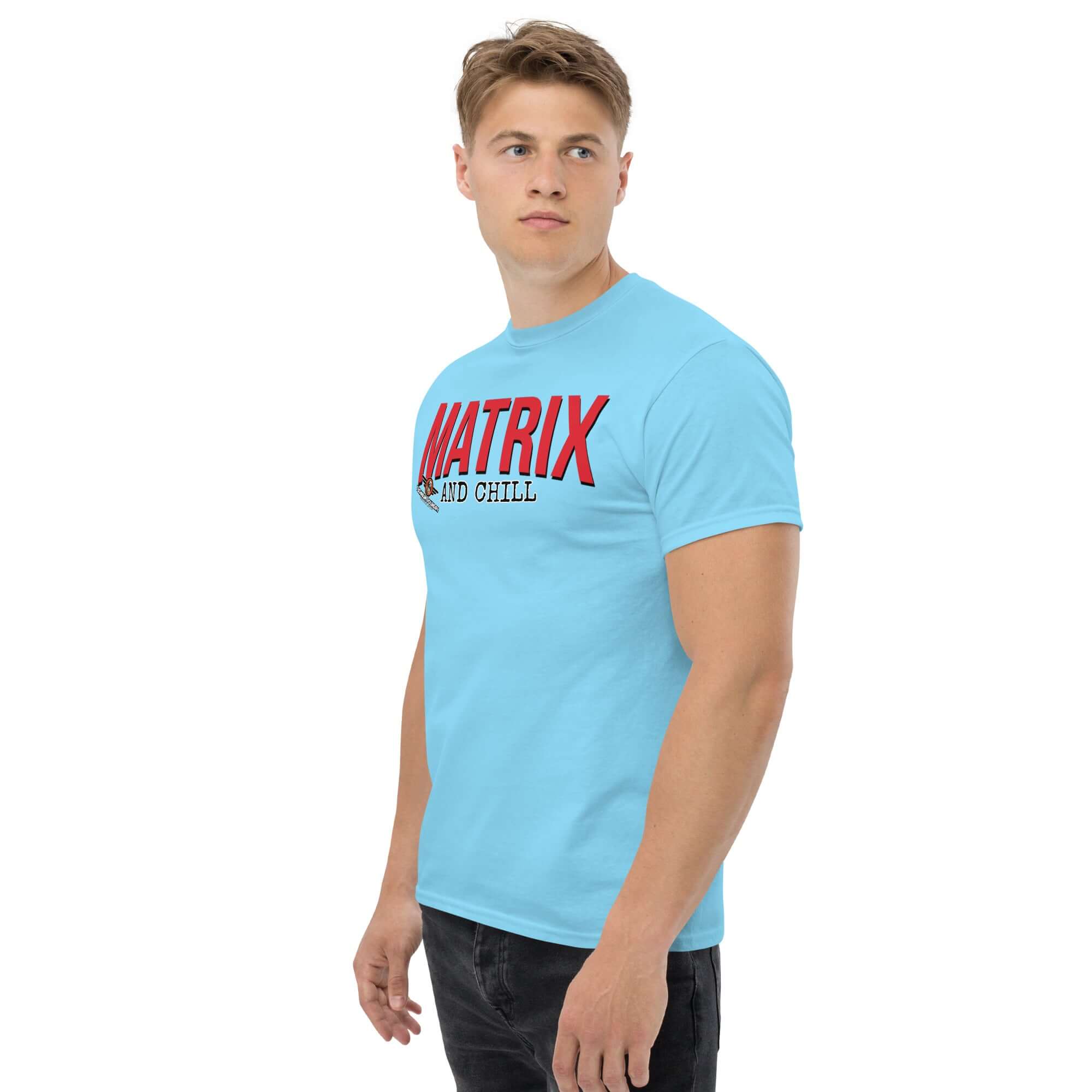 Man wearing blue 'Matrix and Chill' math parody t-shirt with red text, perfect for linear algebra enthusiasts.