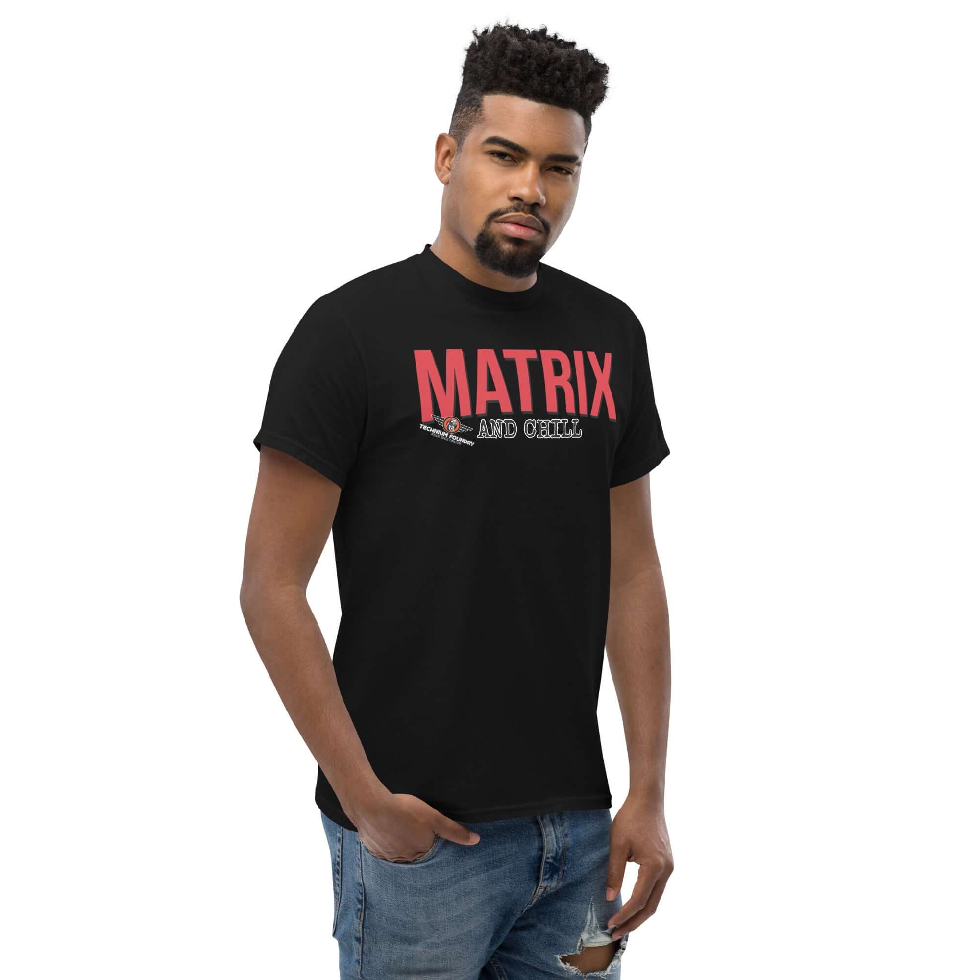 Alt Tag: "Matrix and Chill Parody T-Shirt featuring bold red typography, perfect for math enthusiasts and casual style seekers."