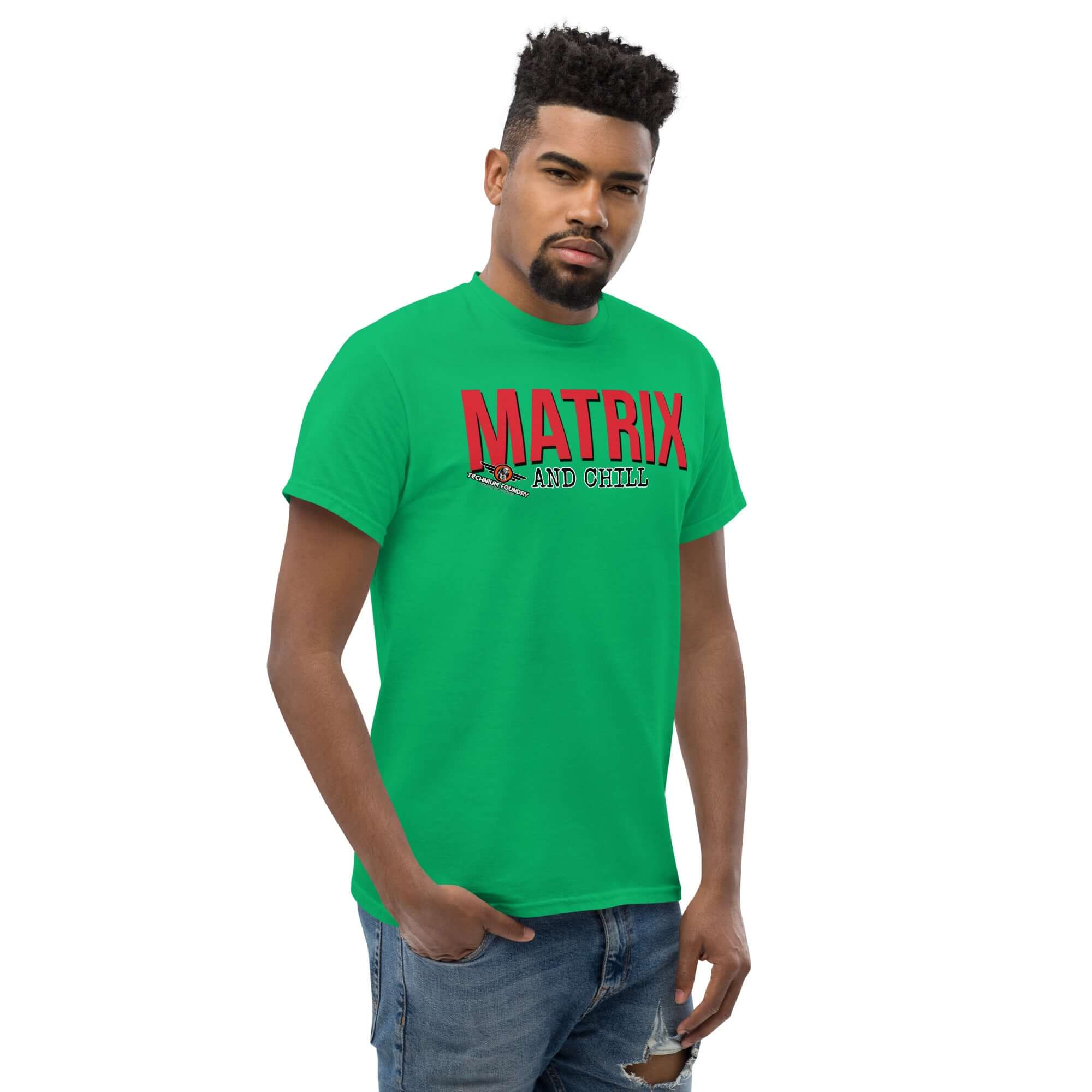 Matrix and Chill Mathematics Parody T-Shirt with red typography, modeled by a man in jeans. Perfect gift for math enthusiasts and linear algebra fans.