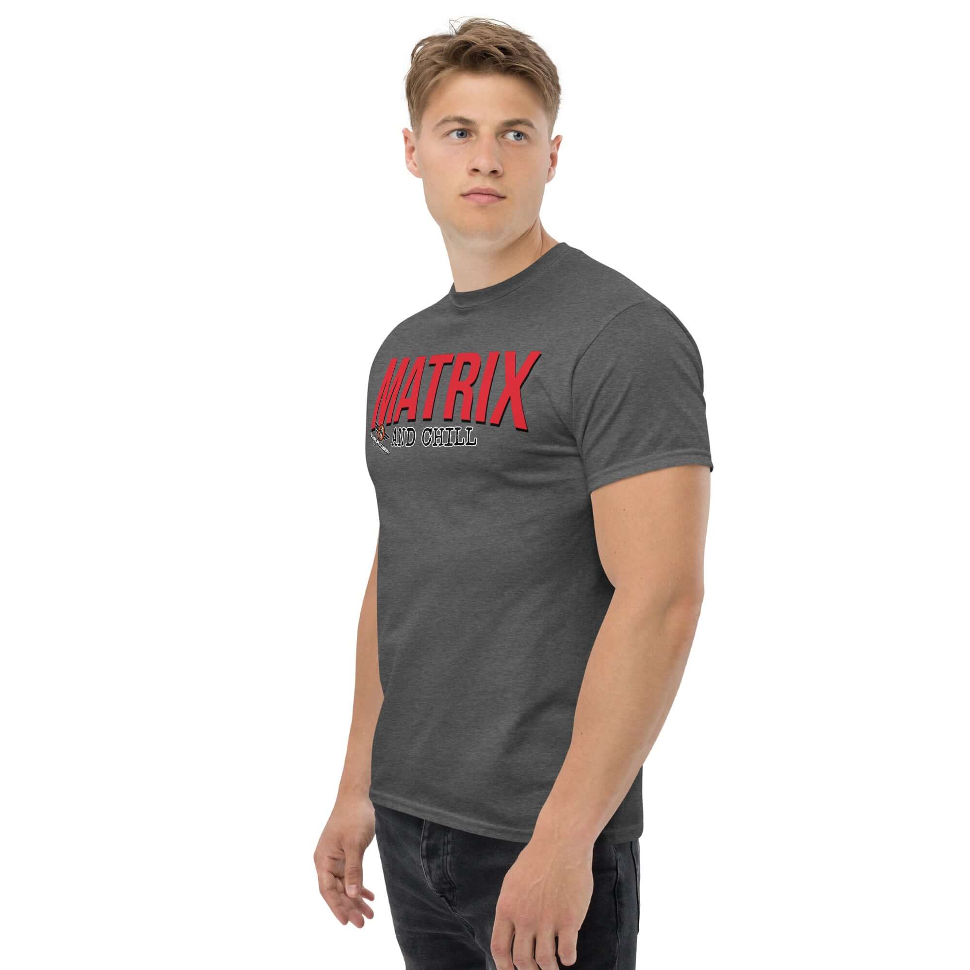 Model wearing 'Matrix and Chill' T-shirt, gray with bold red typography, perfect for linear algebra fans and math humor enthusiasts.