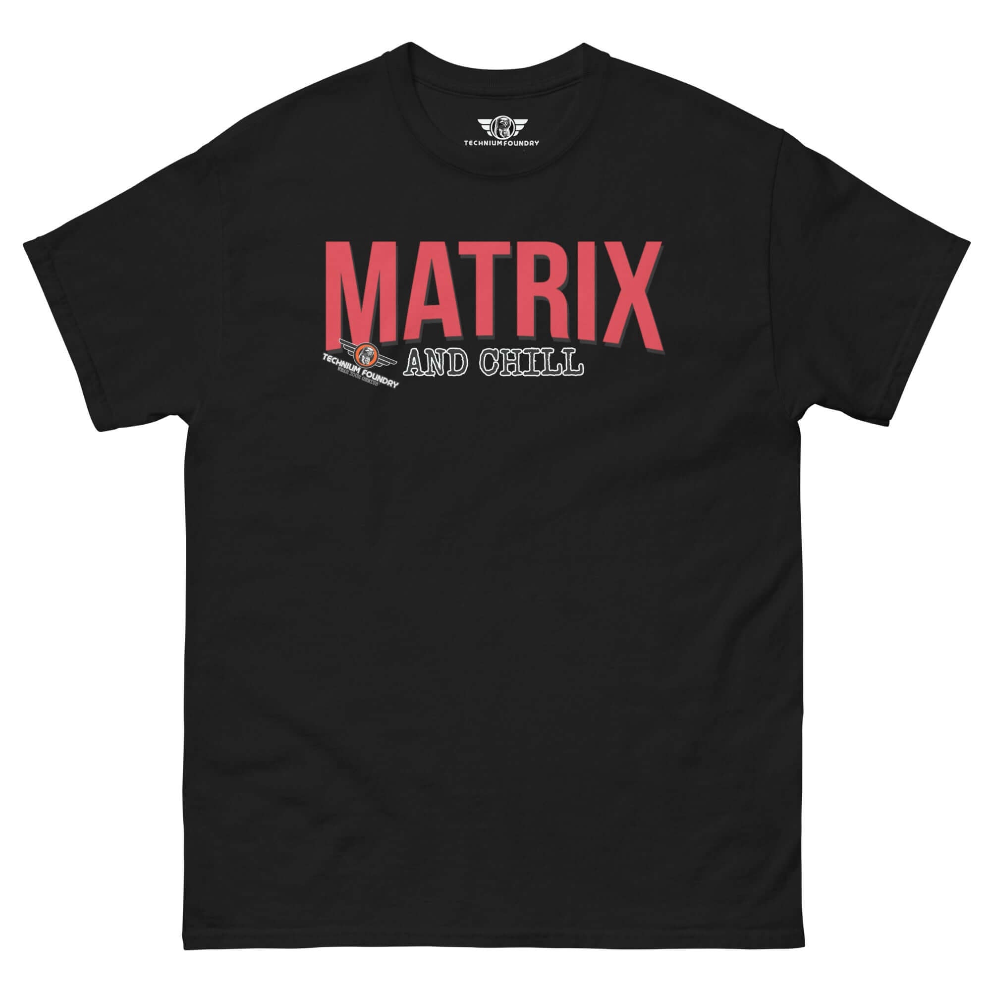 Matrix and Chill Mathematics Parody T-Shirt in black with red lettering, featuring linear algebra humor tees.