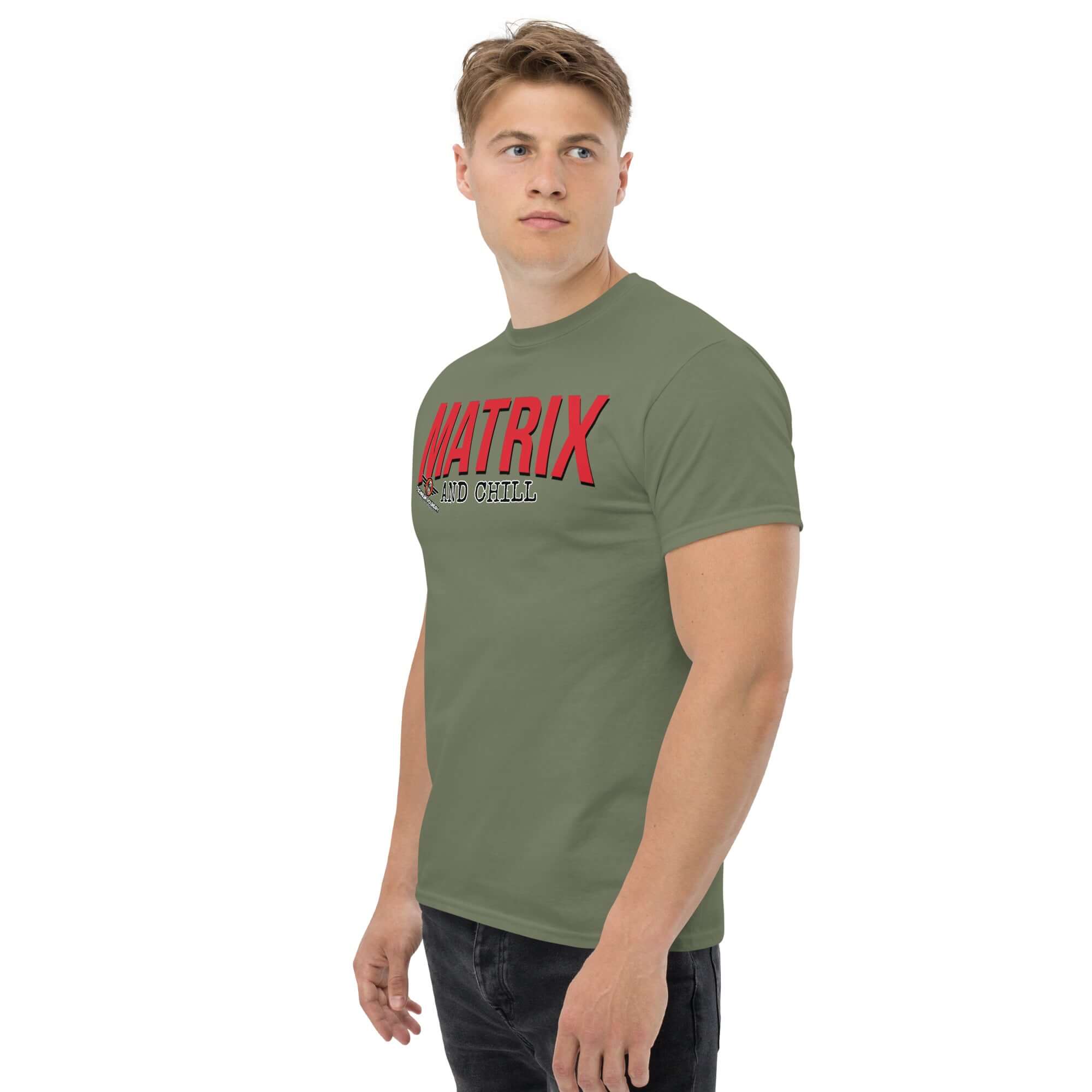 Man wearing green Matrix and Chill T-shirt, featuring red typography with linear algebra humor, perfect for math enthusiasts and casual wear.