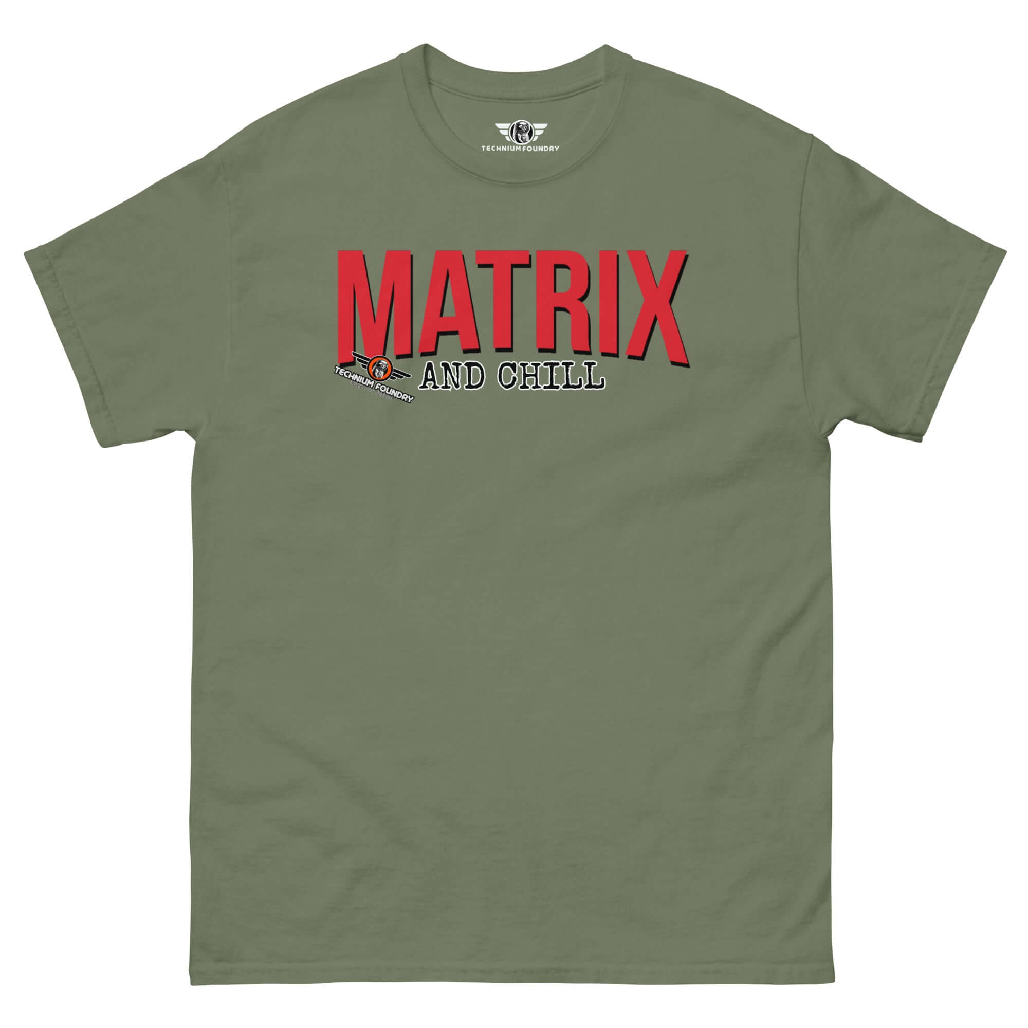 Olive green "Matrix and Chill" t-shirt featuring bold red typography, perfect for math enthusiasts with a love for linear algebra humor.