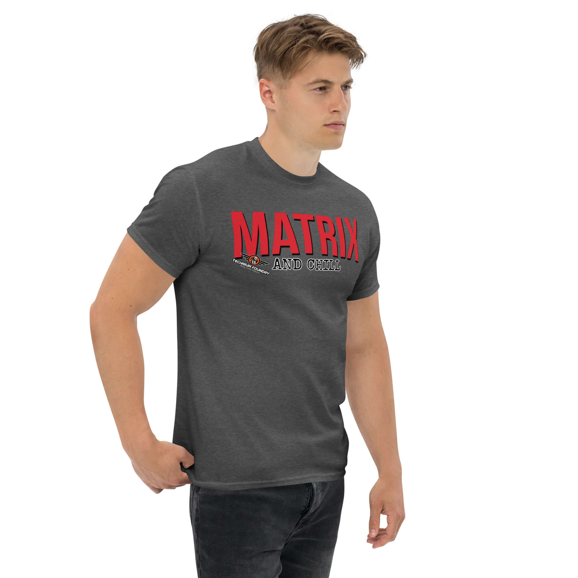 Model wearing Matrix and Chill Mathematics Parody T-Shirt with red typography, showcasing linear algebra humor for math lovers.