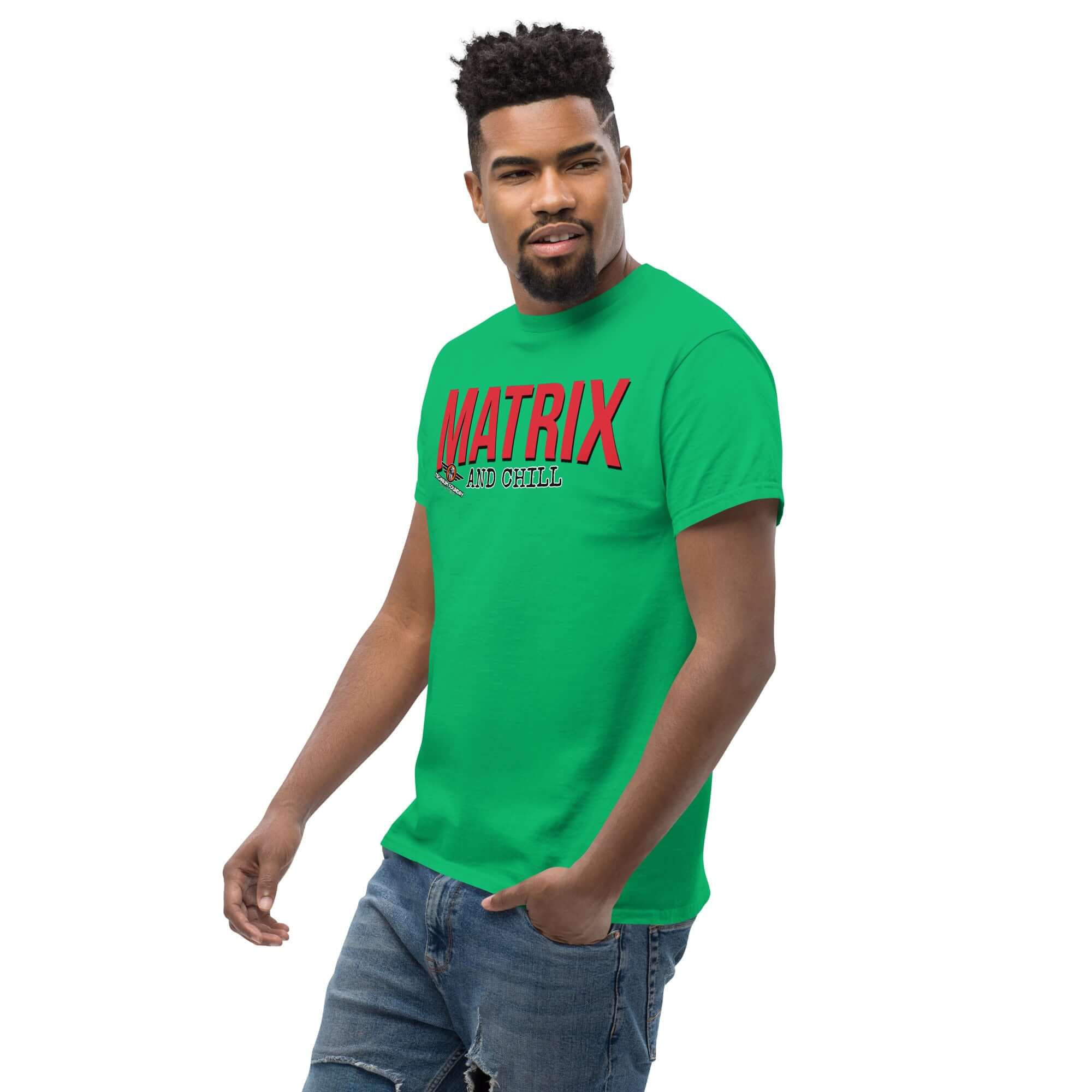 Matrix and Chill Mathematics Parody T-Shirt with bold red text, perfect for linear algebra enthusiasts. Ideal math humor clothing for casual wear.