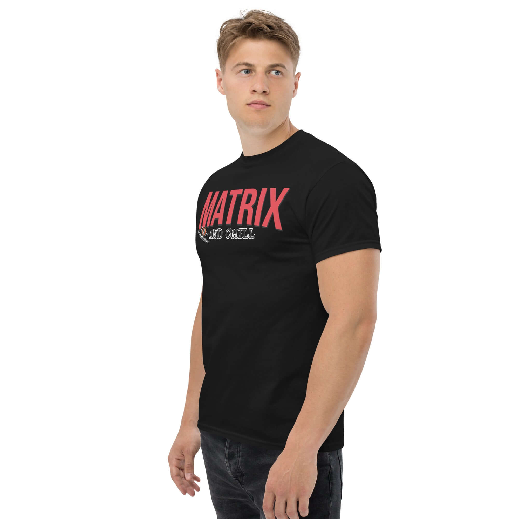 Matrix and Chill Mathematics Parody T-Shirt featuring bold red typography, ideal for math enthusiasts and linear algebra humor fans.