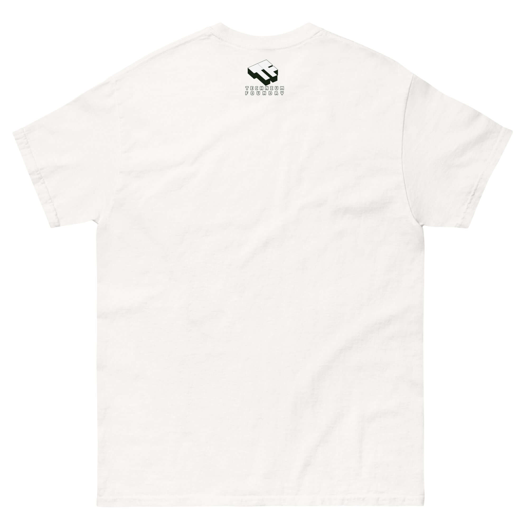 Back view of "May The F=MA Be With You" physics parody t-shirt, showcasing minimalist design in white.