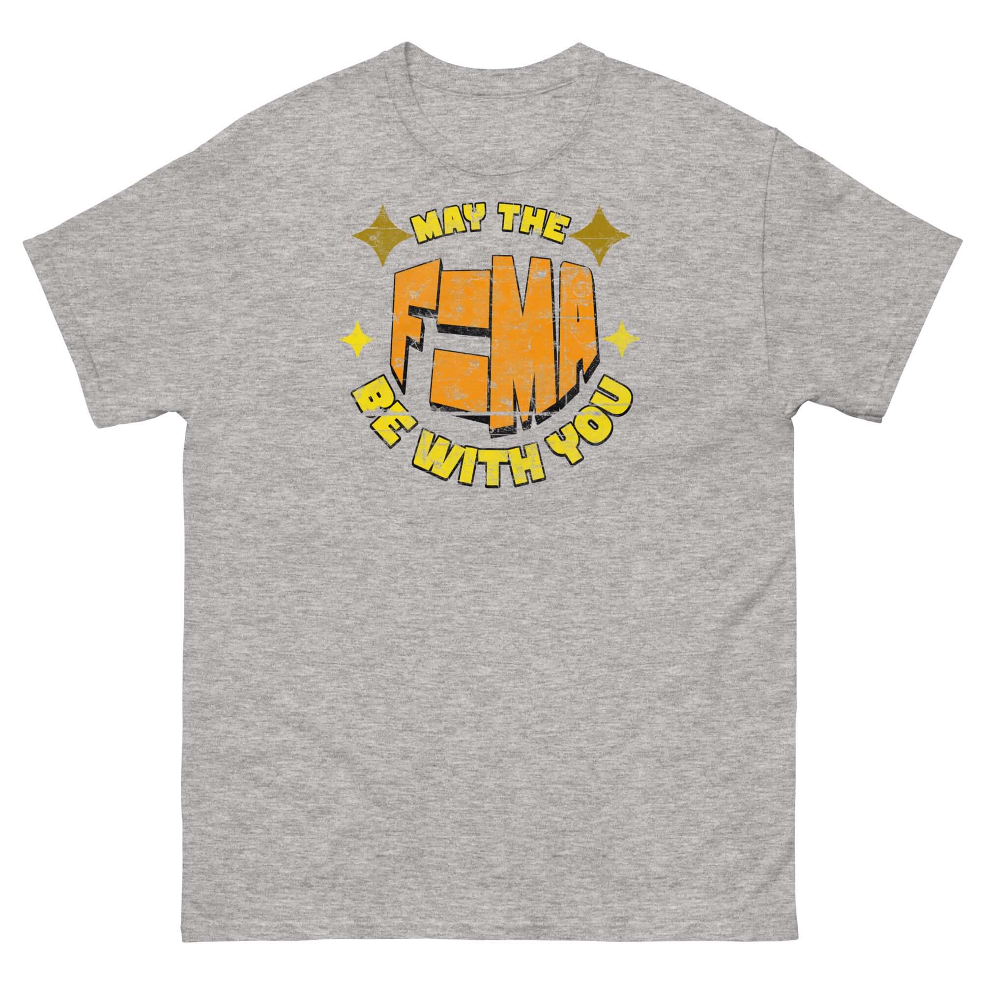 Gray T-shirt featuring 'May The F=MA Be With You' design, blending physics and sci-fi humor with Newton's Second Law equation.