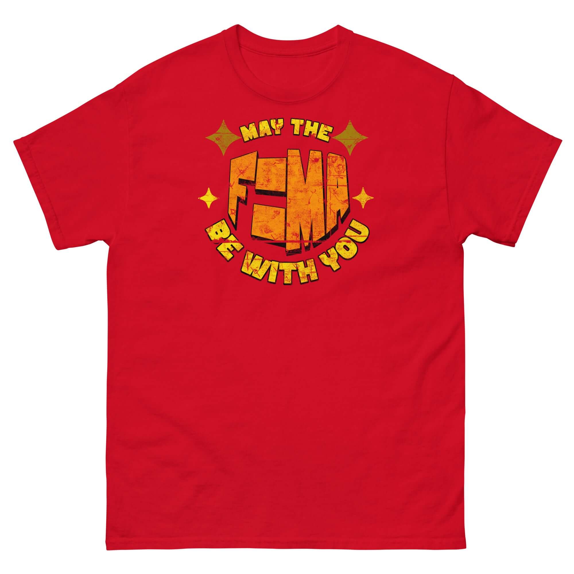 Red t-shirt with "May The F=MA Be With You" design, combining physics and sci-fi themes, highlighting Newton's Second Law. Perfect for science fans.