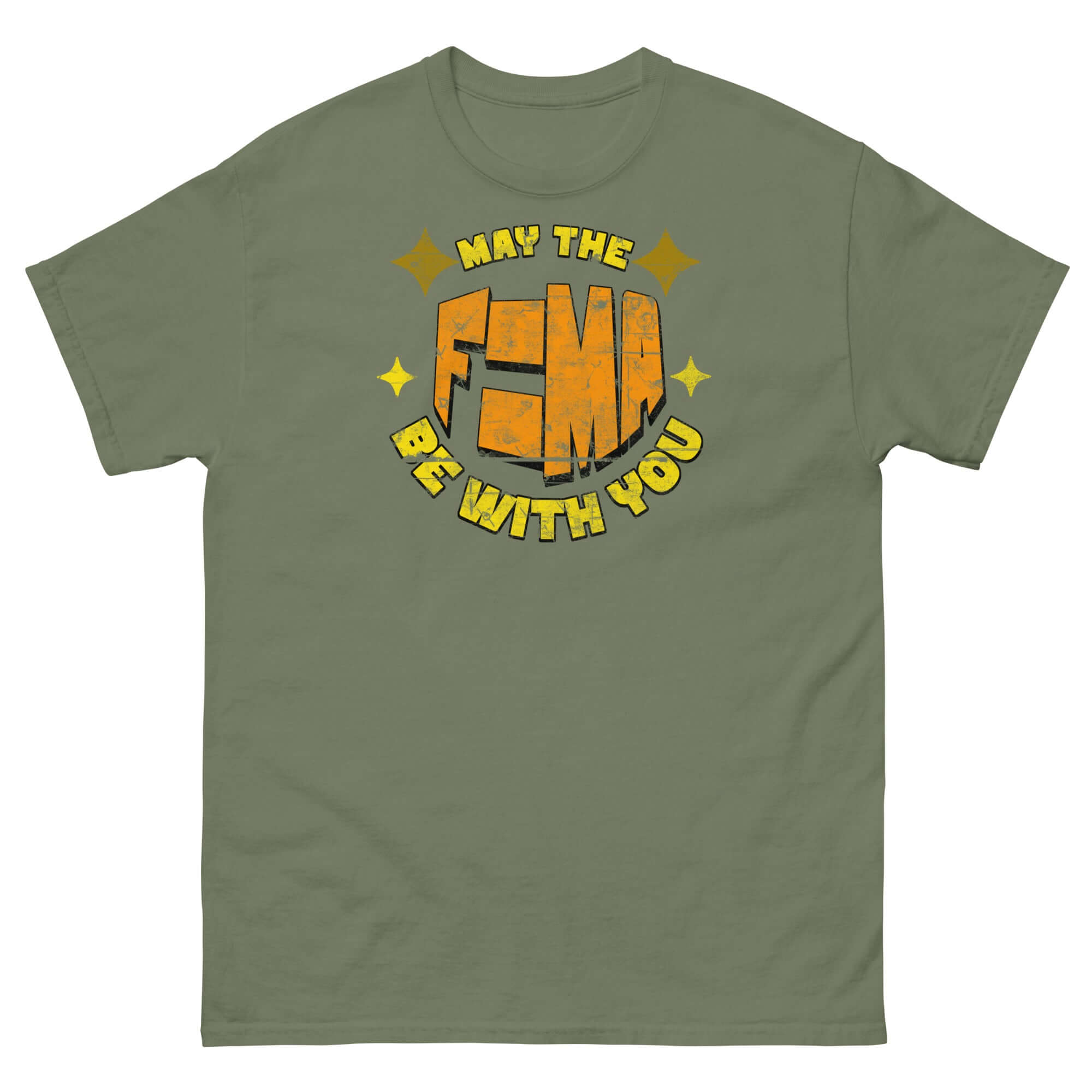 May The F=MA Be With You T-Shirt in olive green, featuring physics equation parody text design for science and sci-fi fans.