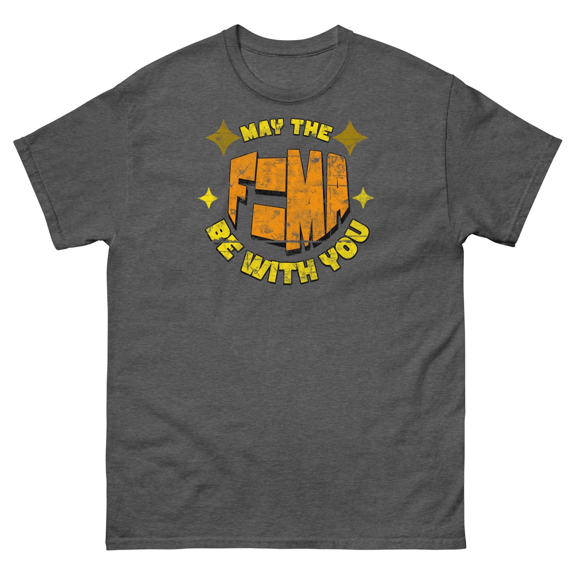 Alt Tag: Grey t-shirt featuring 'May The F=MA Be With You' in a sci-fi physics parody design.