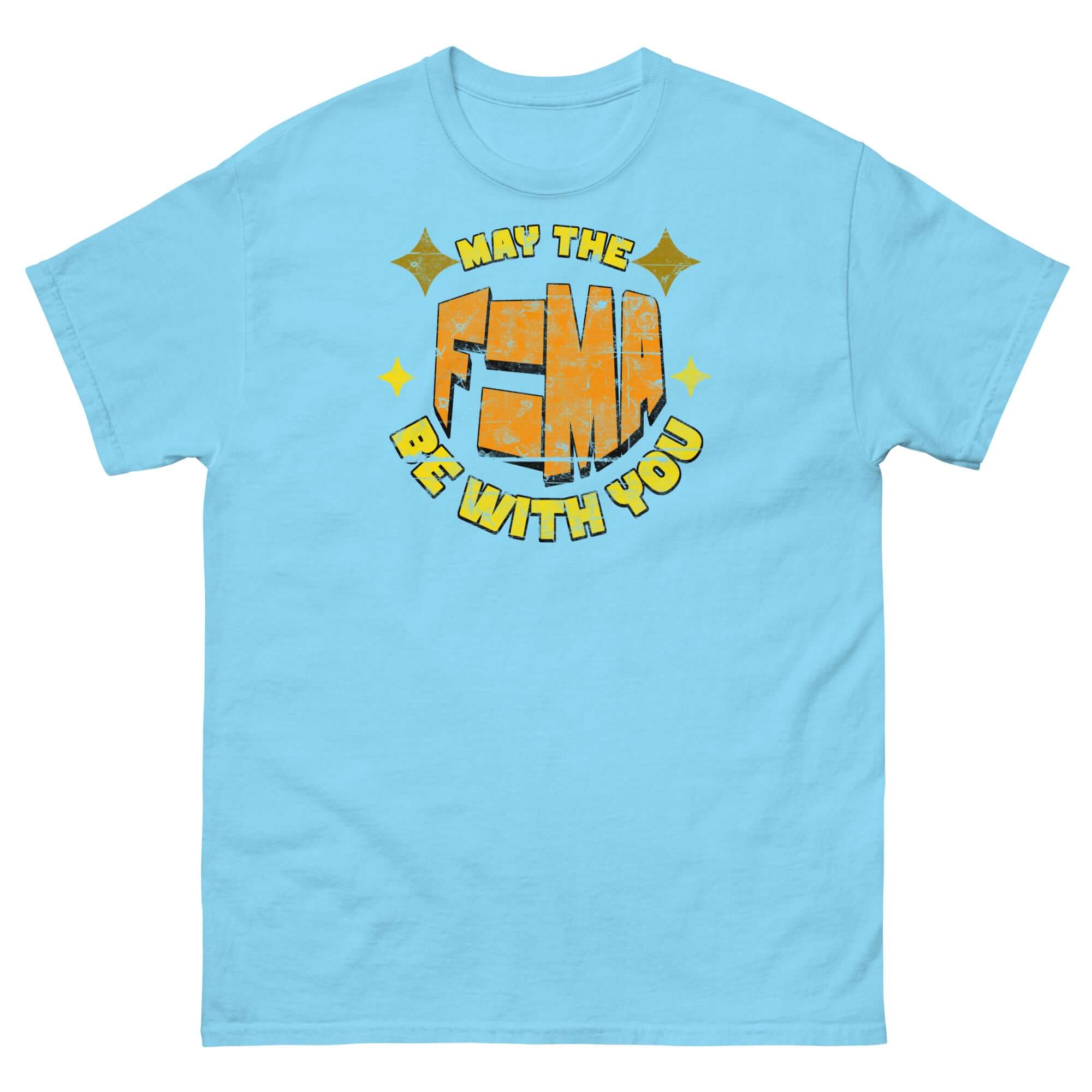 Light blue T-shirt with 'May The F=MA Be With You' design, parodying physics and sci-fi themes using Newton's second law.
