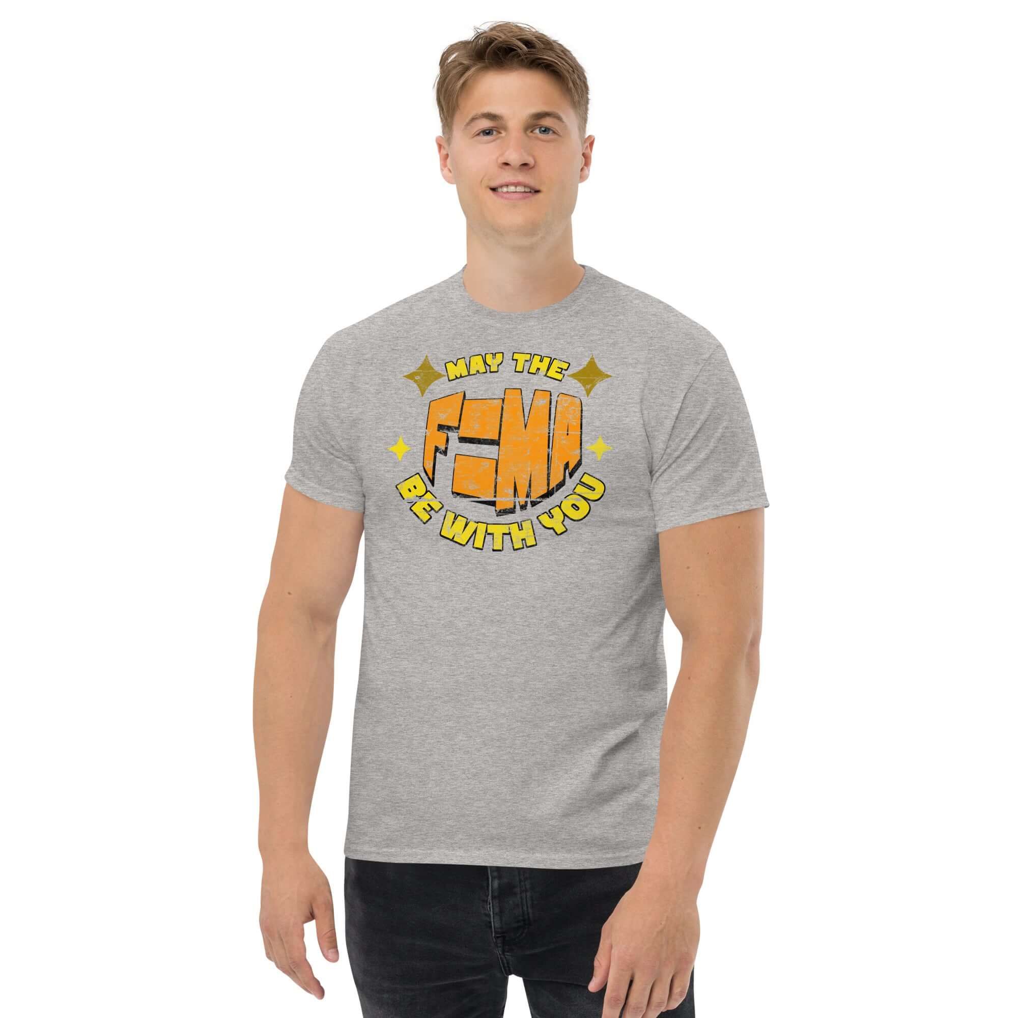Gray "May The F=MA Be With You" t-shirt featuring Newton's second law parody design, blending science and sci-fi themes.