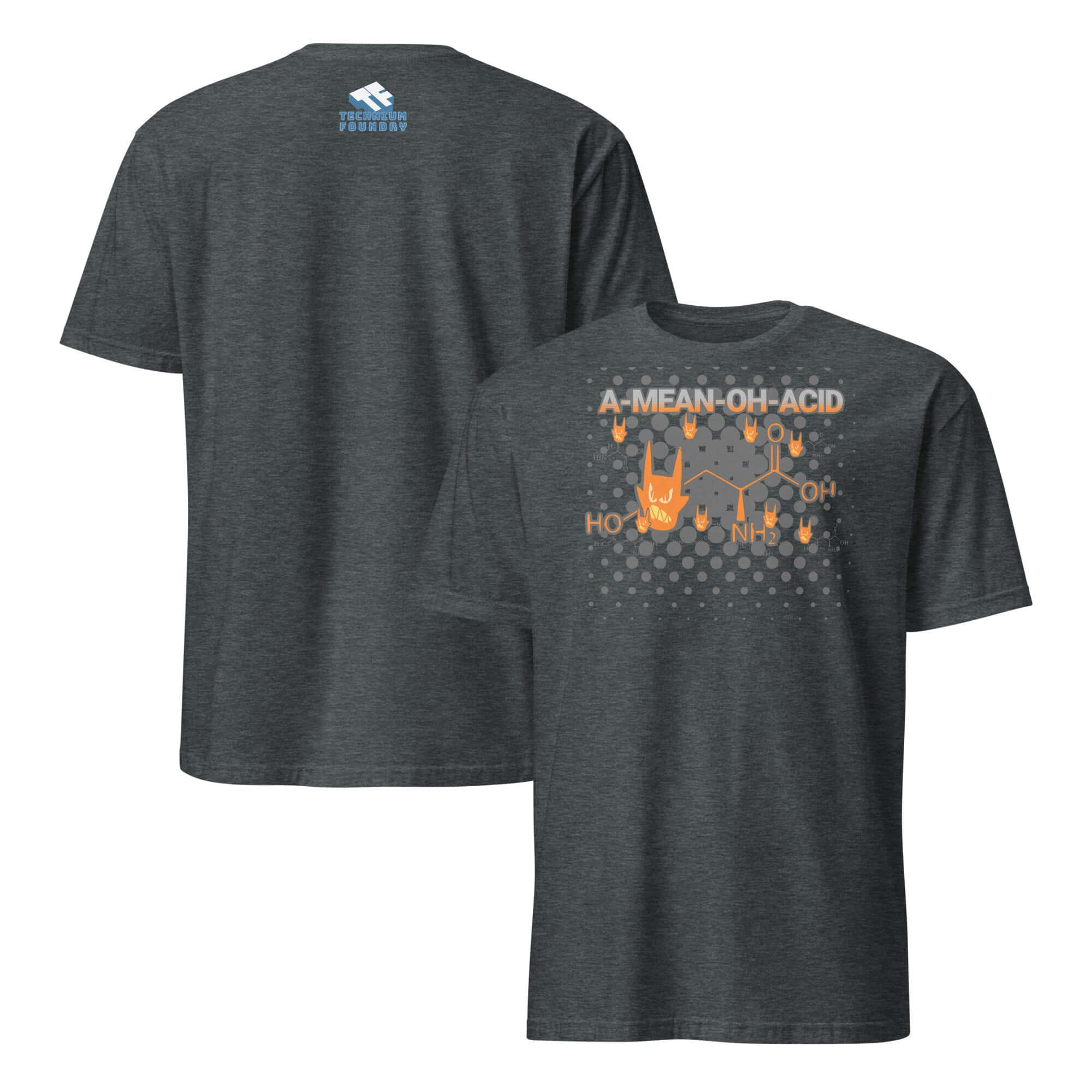 Rock 'n' Roll Amino Acid Chemistry Humor T-Shirt with devil horns and molecular structure design.