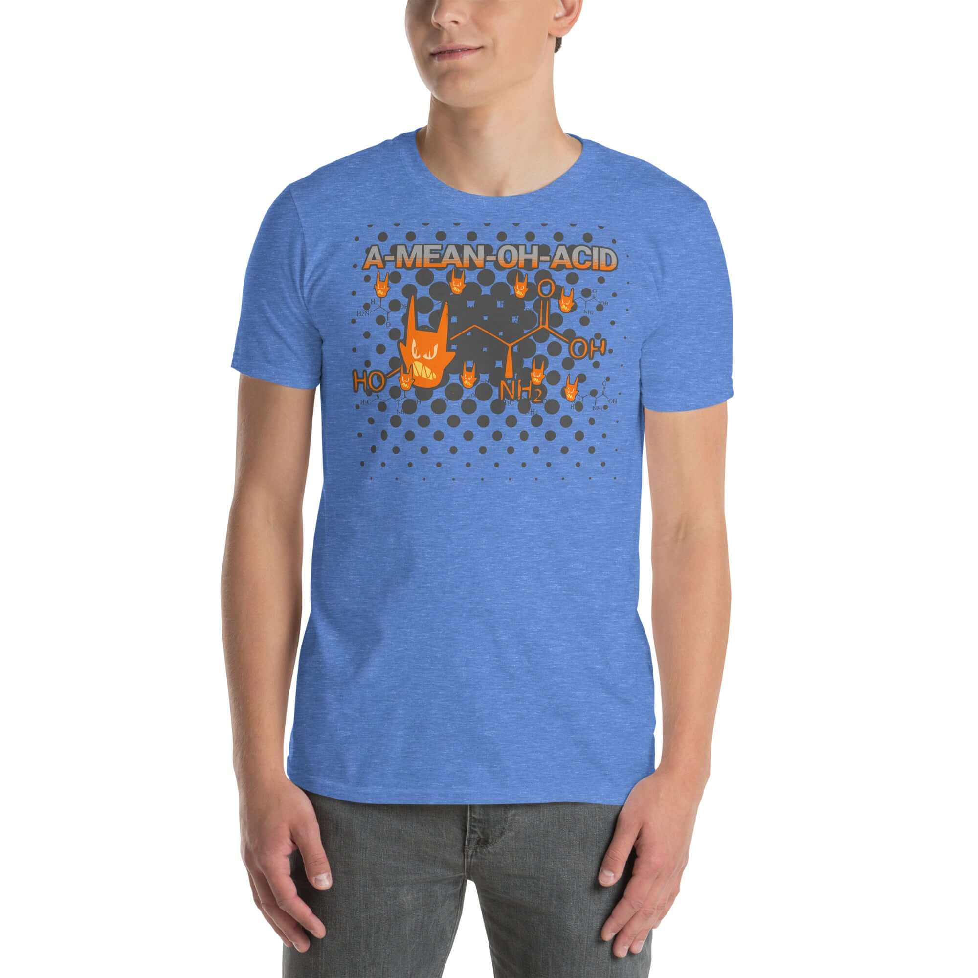 Man wearing a blue T-shirt with 'A Mean Oh Acid' design, blending rock 'n' roll and amino acid chemistry humor.